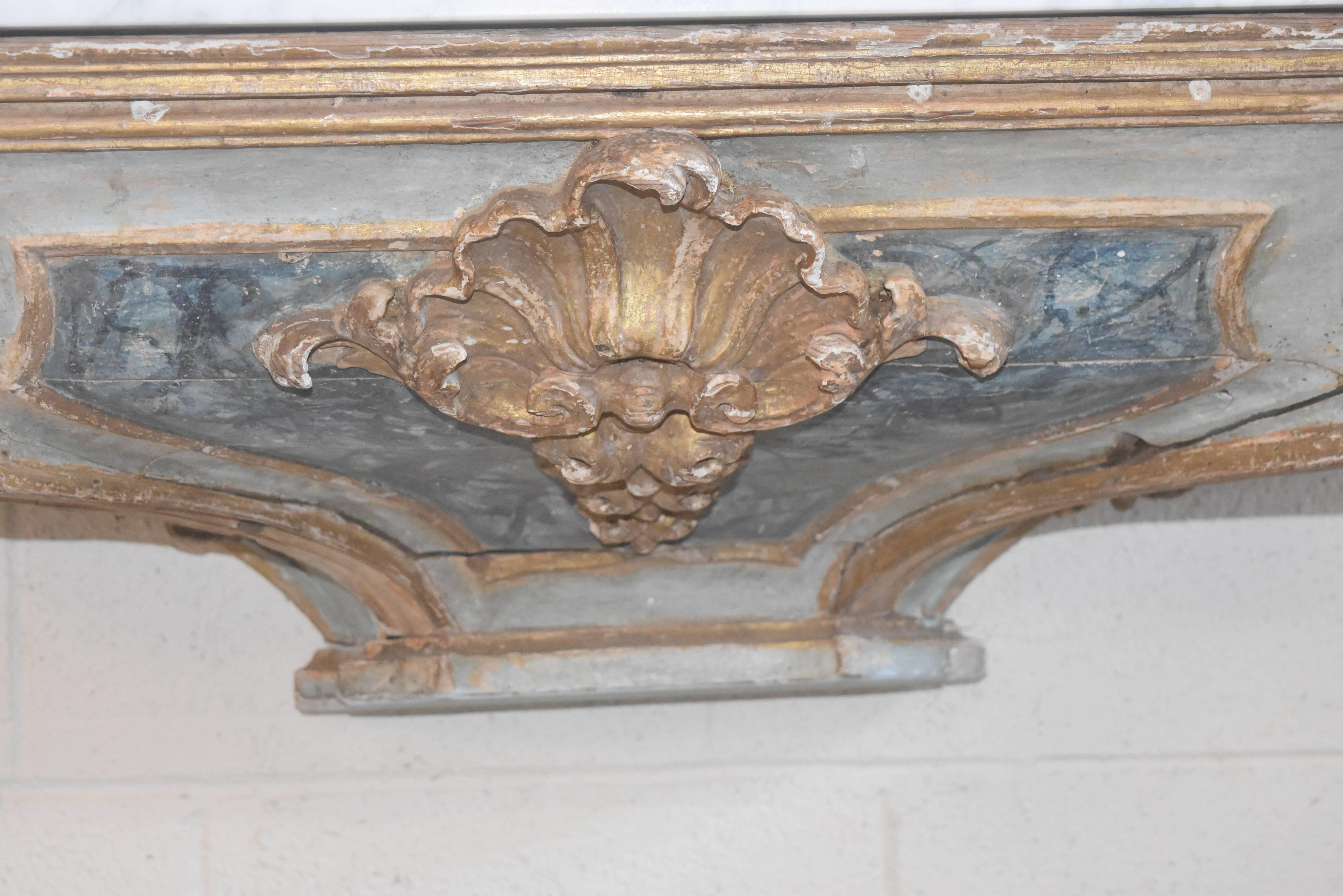 Hand-Carved 18th Century or Earlier Italian Polychromed Wall-Mounted Console with Marble