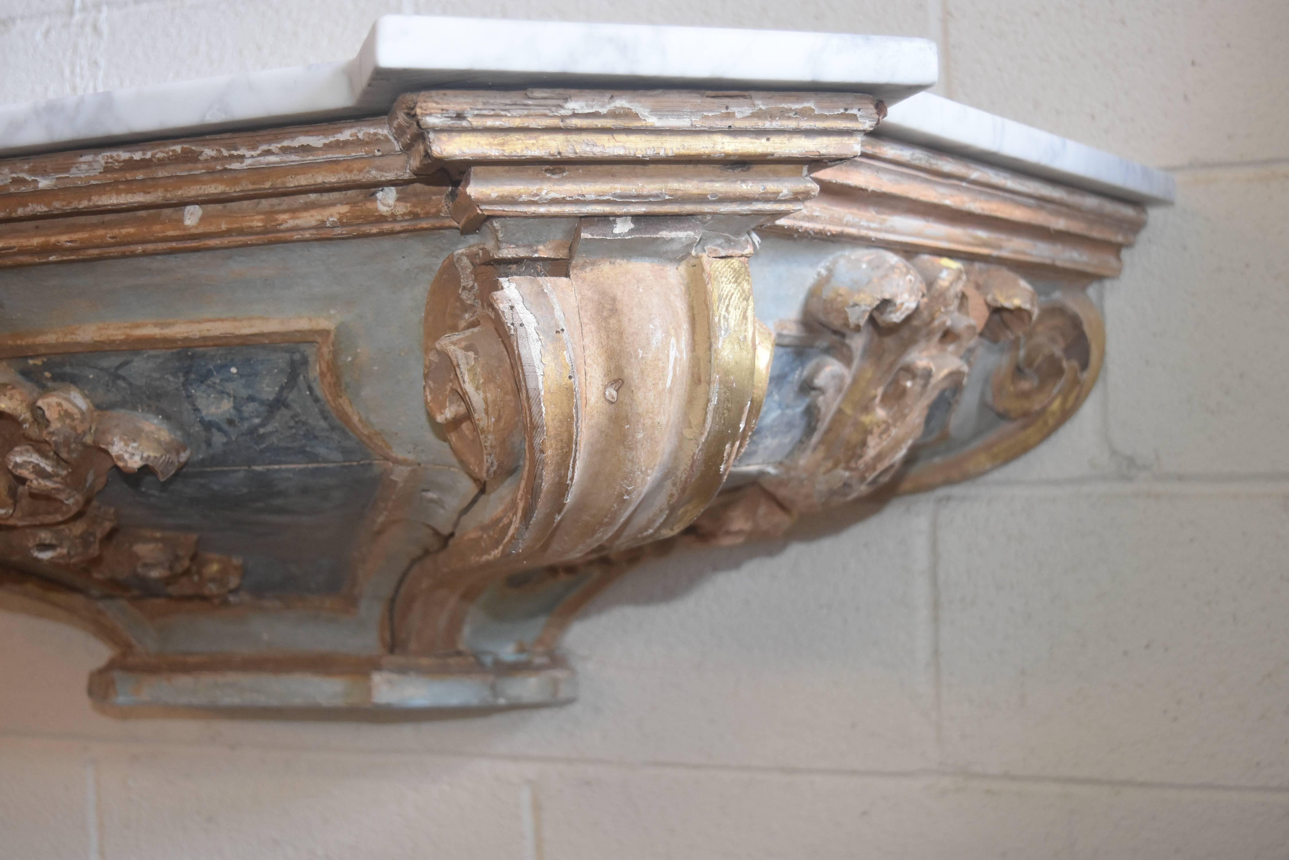 18th Century or Earlier Italian Polychromed Wall-Mounted Console with Marble In Distressed Condition In Houston, TX