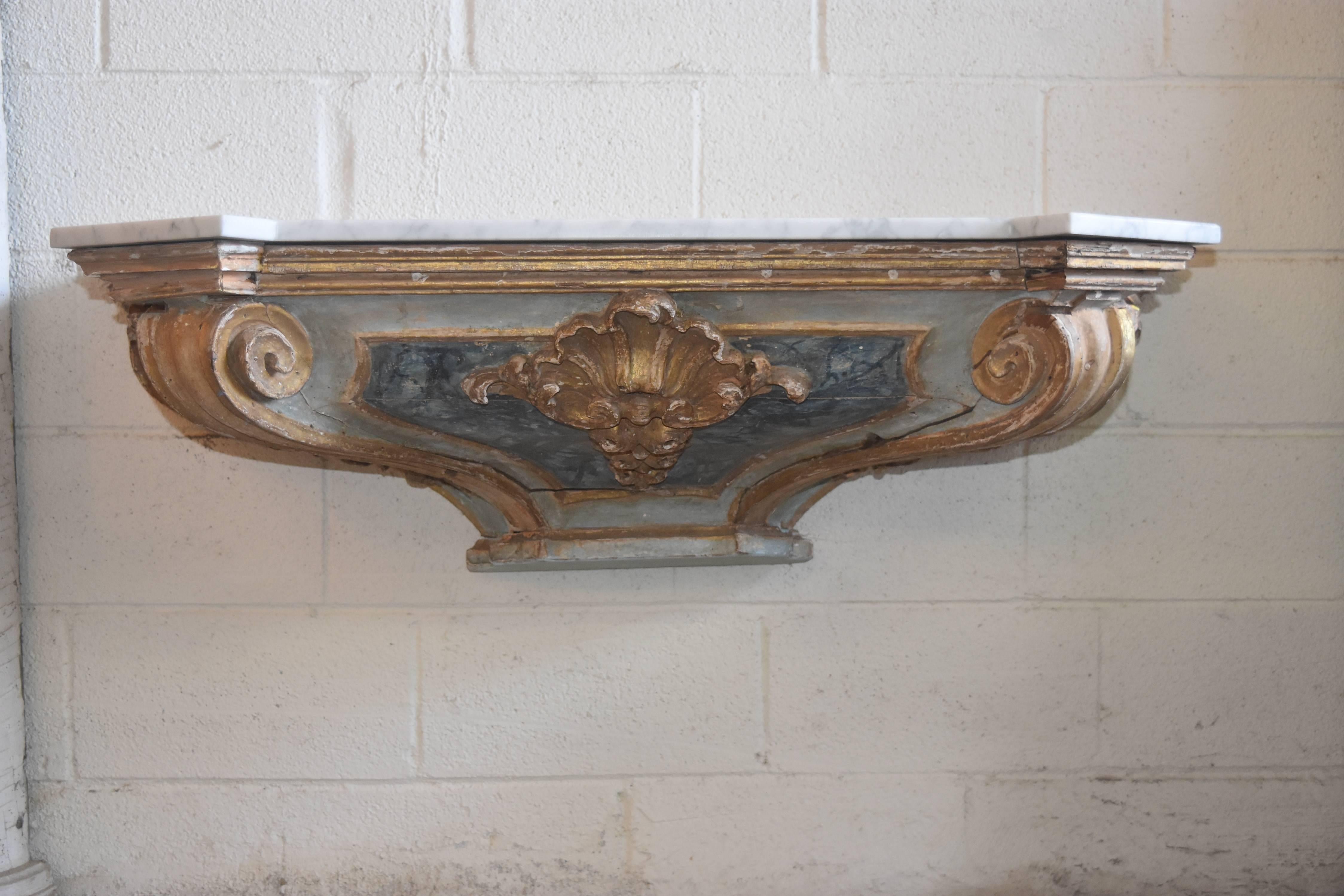 18th Century or Earlier Italian Polychromed Wall-Mounted Console with Marble 1