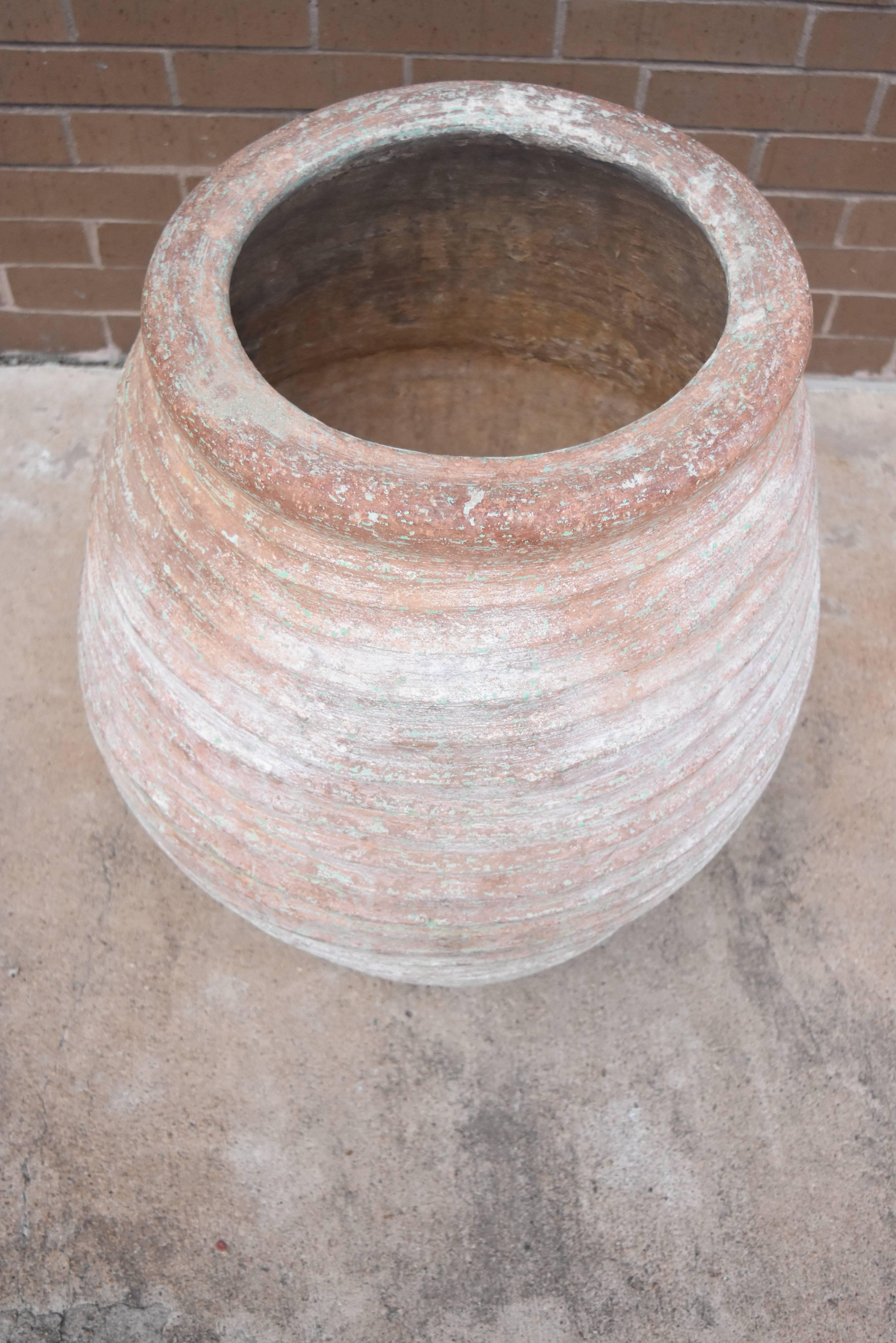 Fired 19th Century Spanish Olive Jars with Hints of Original Green and Blue Paint