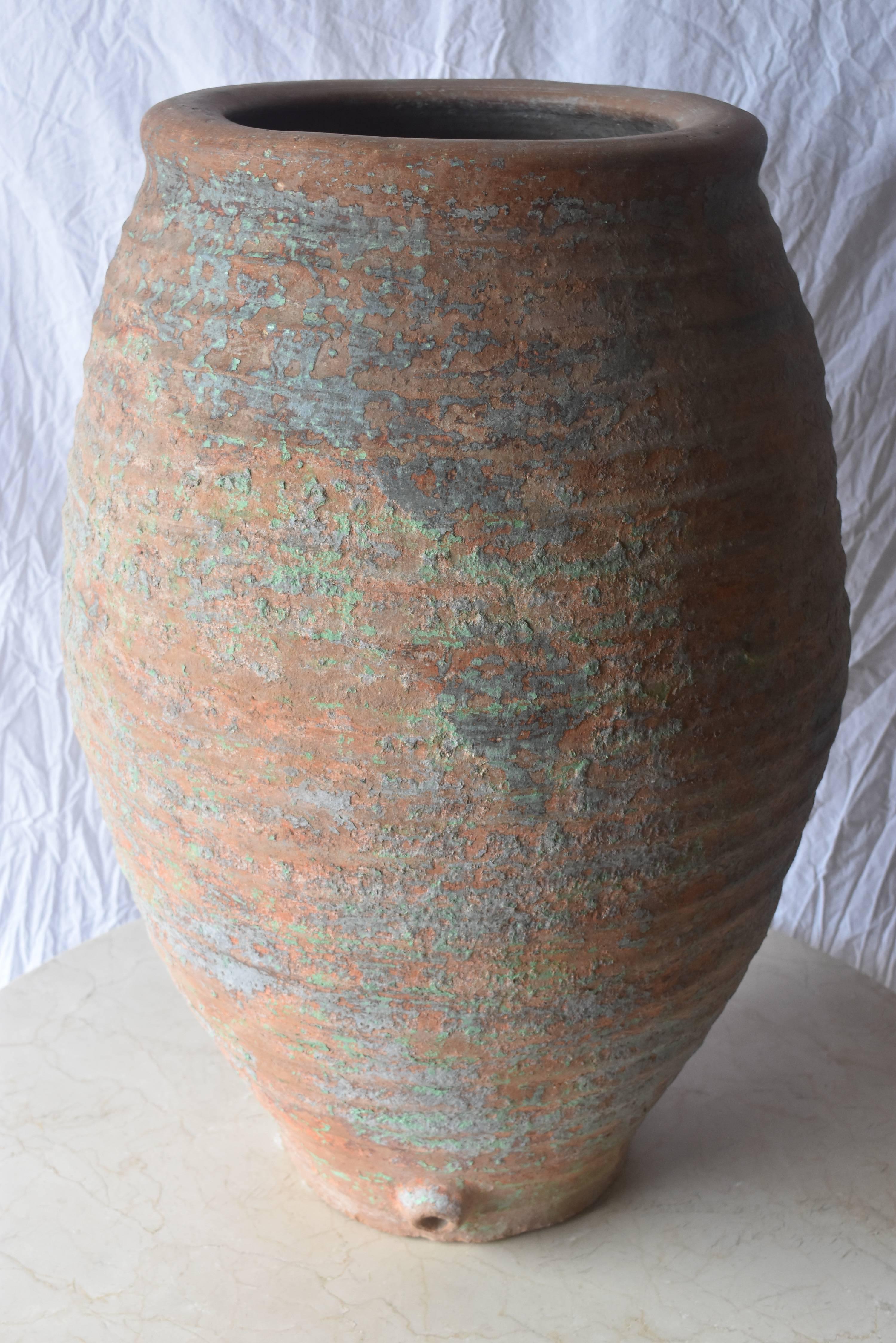 Clay 19th Century Spanish Olive Jars with Hints of Original Green and Blue Paint