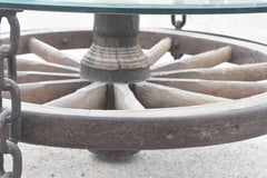 Turn of the Century French Wagon Wheel Chain Link Leg Coffee Table with Glass