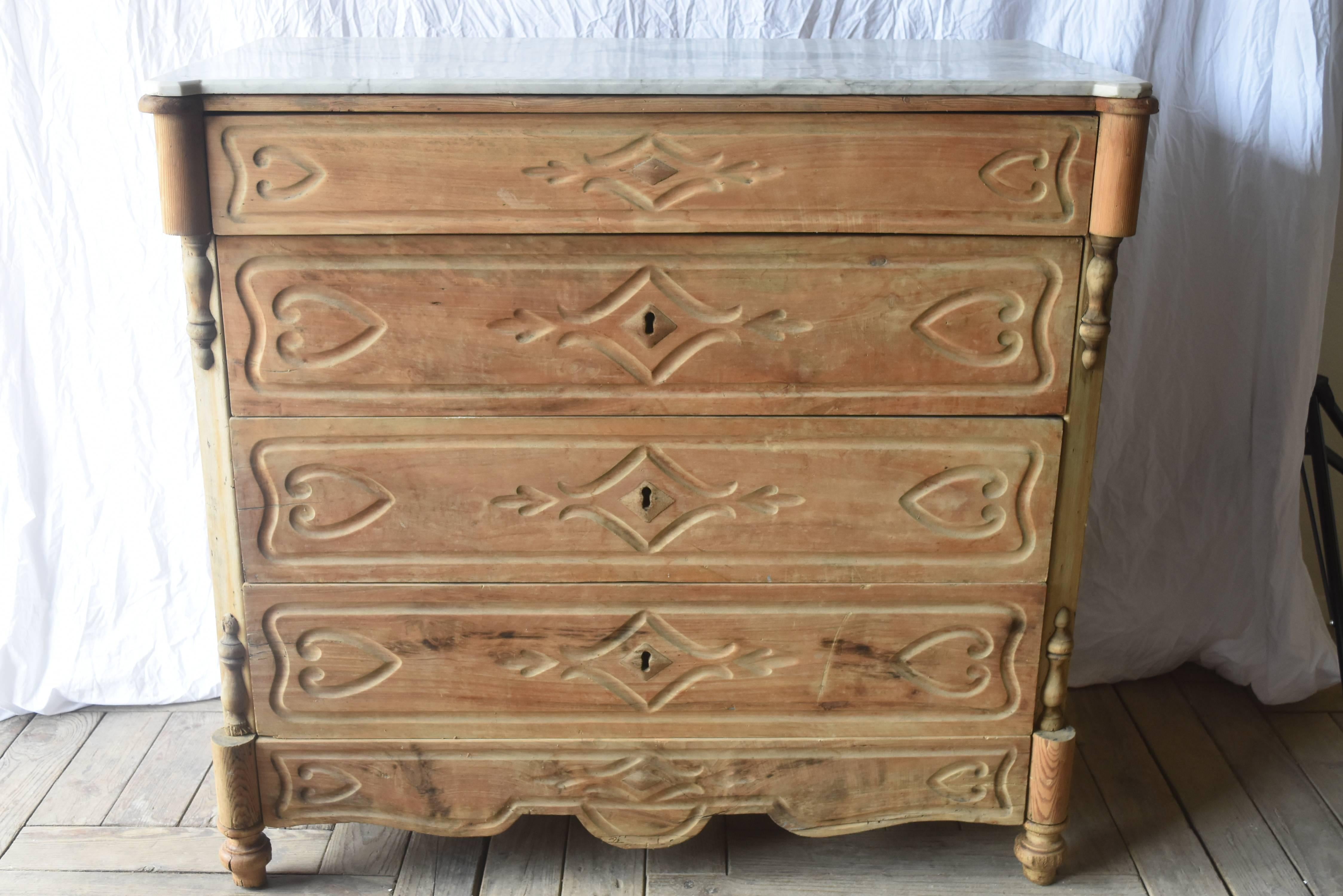 19th Century Spanish Bleached Walnut Four-Drawer Chest with White Marble Top 4