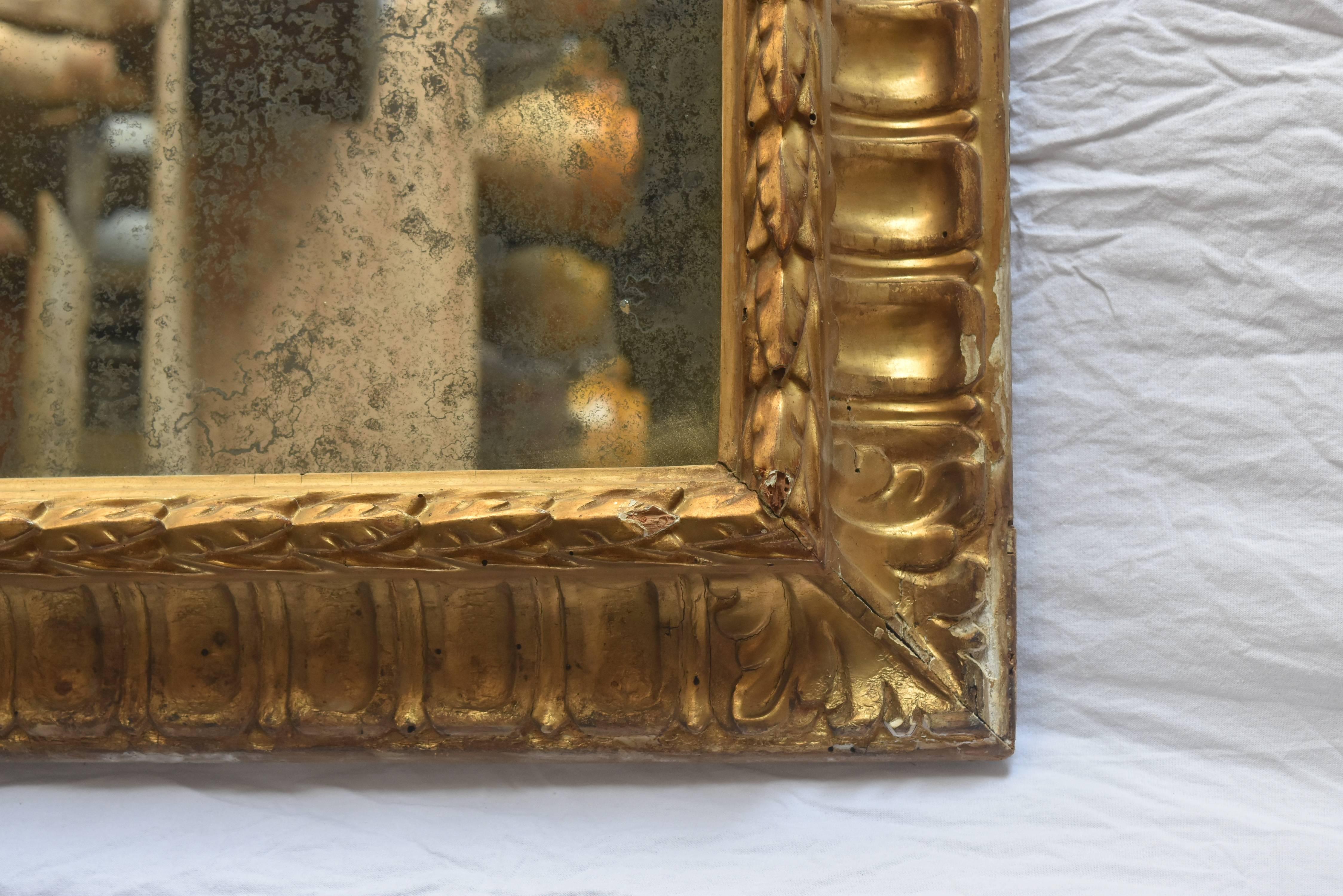 Wood 19th Century Gold Gilt Italian Frame with Replaced Distressed Mirror For Sale