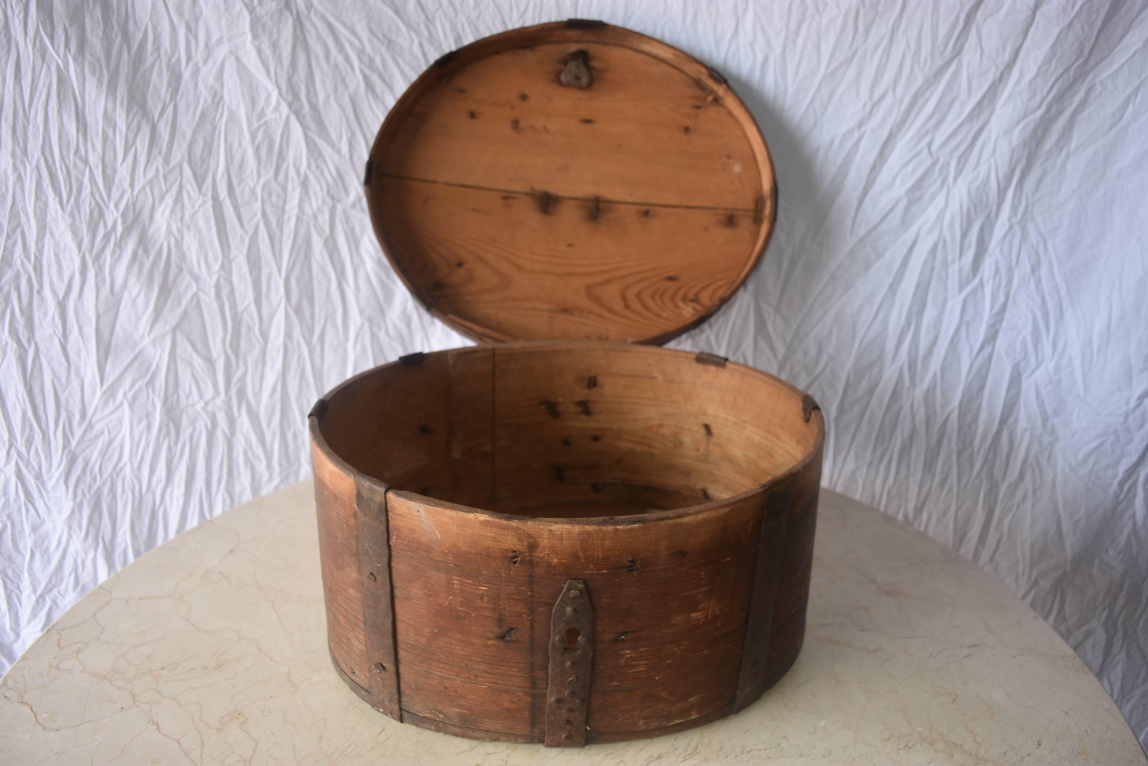19th Century Wooden Swedish Food Box with Iron Straps and Handle 1