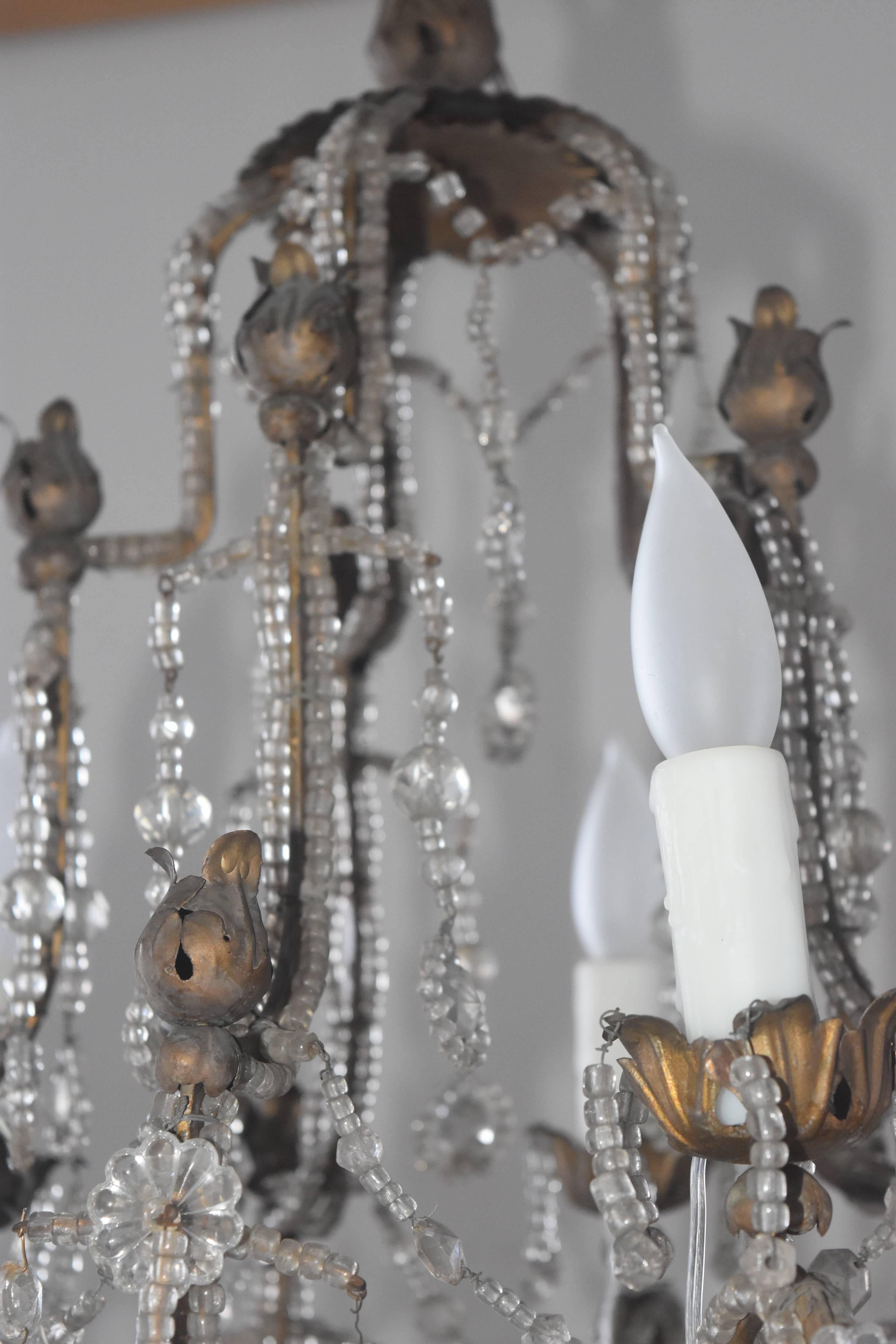 19th Century Italian Beaded Metal Crystal Chandelier with Floral Metal Bobeshes 3
