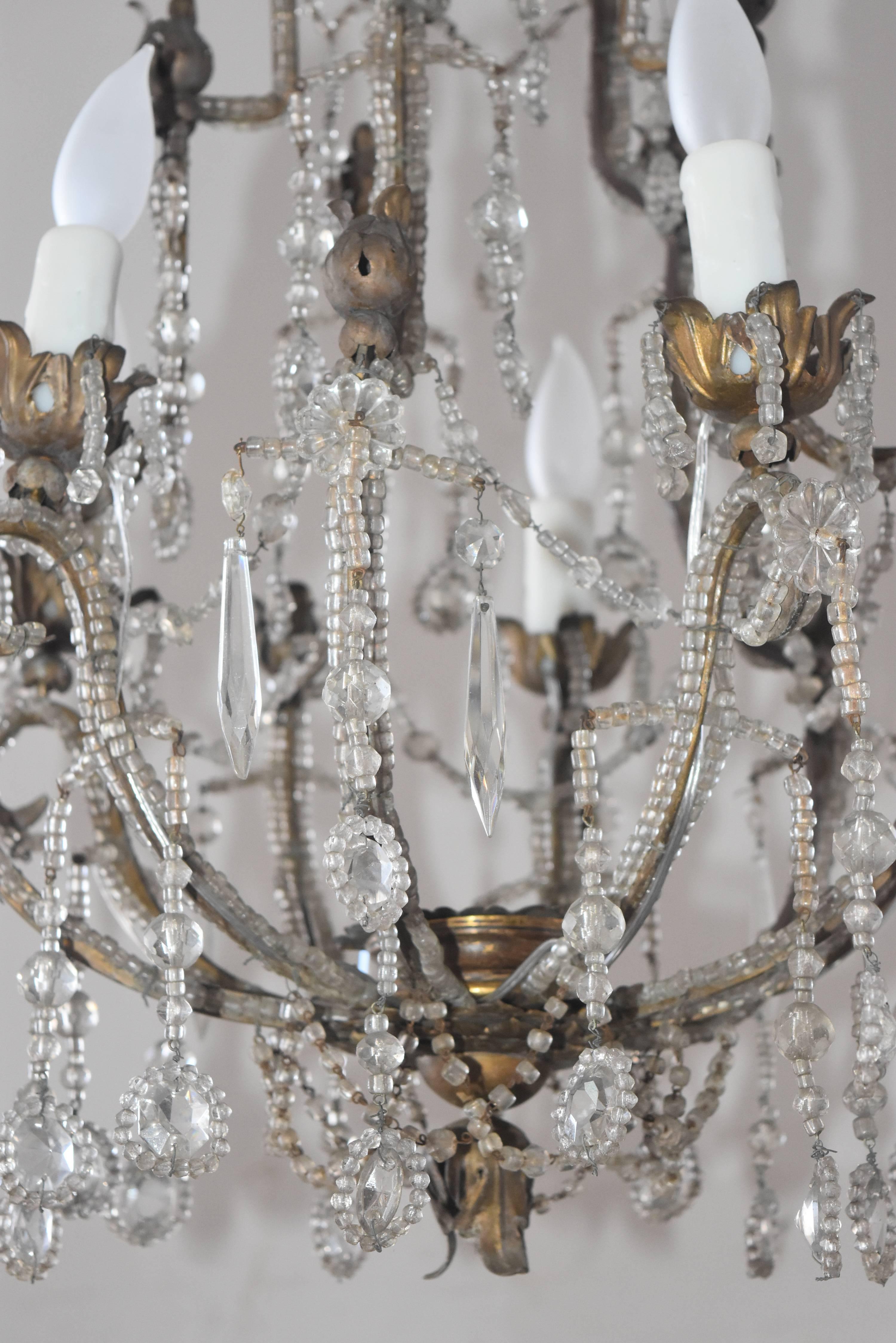 19th Century Italian Beaded Metal Crystal Chandelier with Floral Metal Bobeshes 5