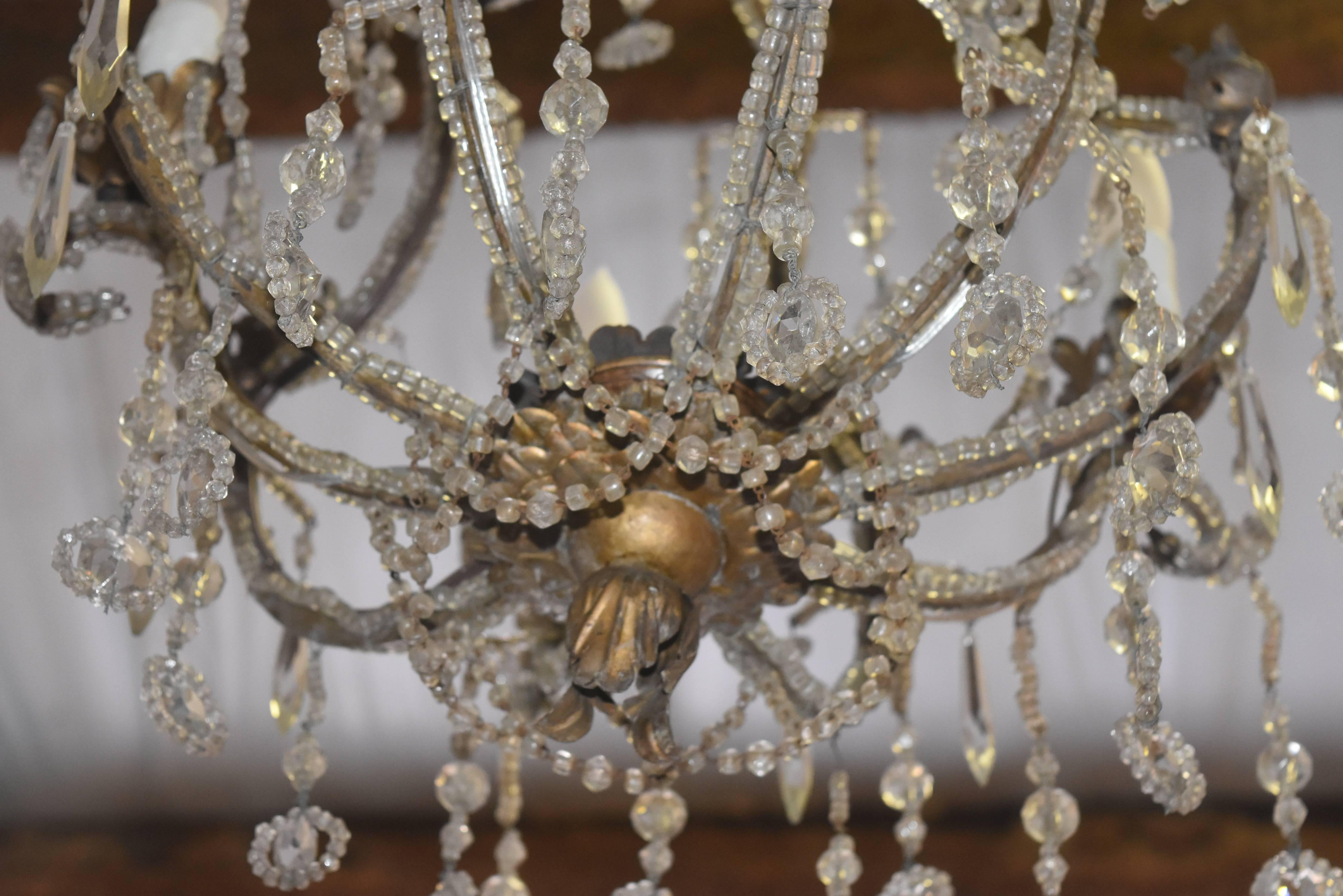 19th Century Italian Beaded Metal Crystal Chandelier with Floral Metal Bobeshes In Good Condition In Houston, TX