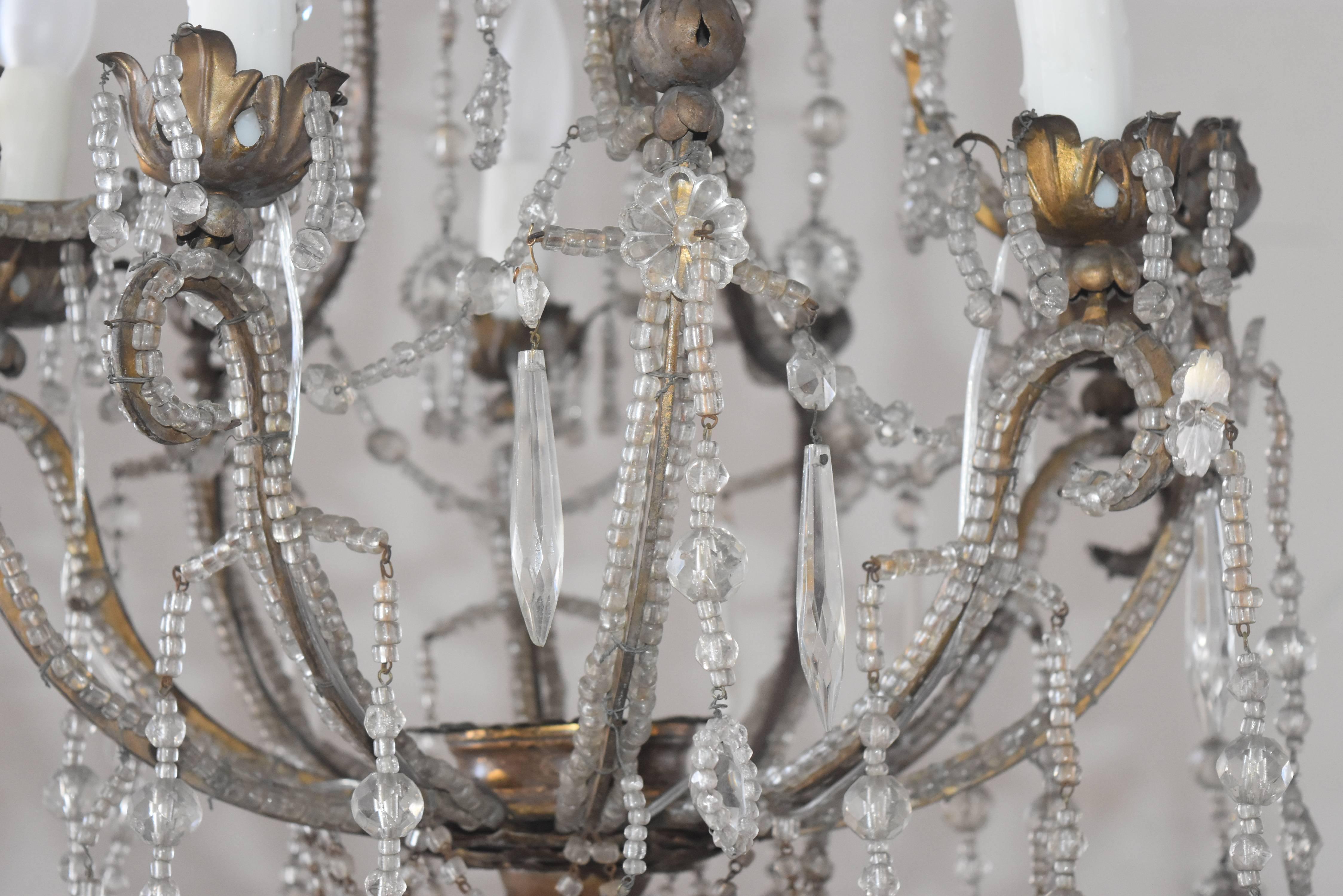 19th Century Italian Beaded Metal Crystal Chandelier with Floral Metal Bobeshes 1