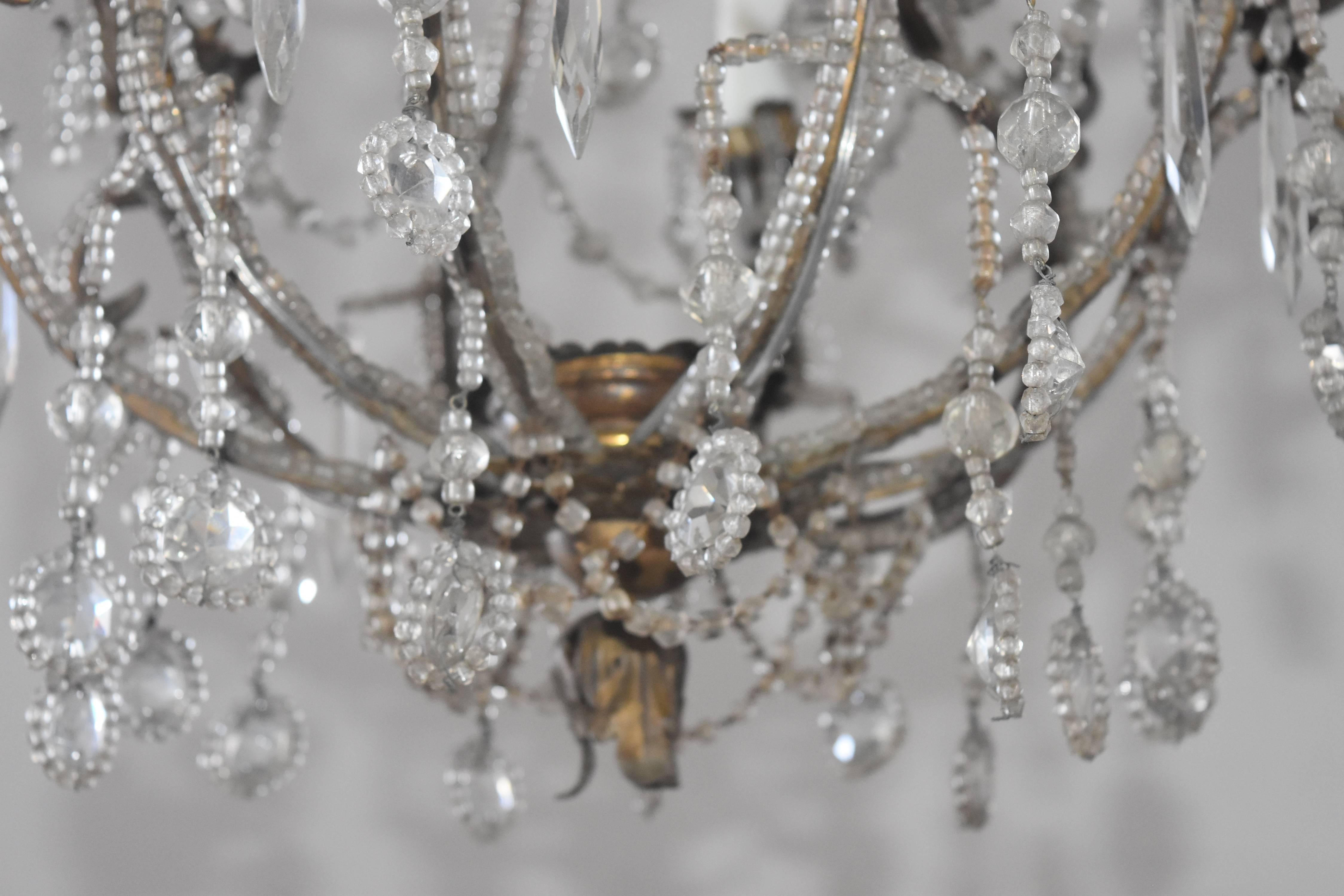 19th Century Italian Beaded Metal Crystal Chandelier with Floral Metal Bobeshes 4