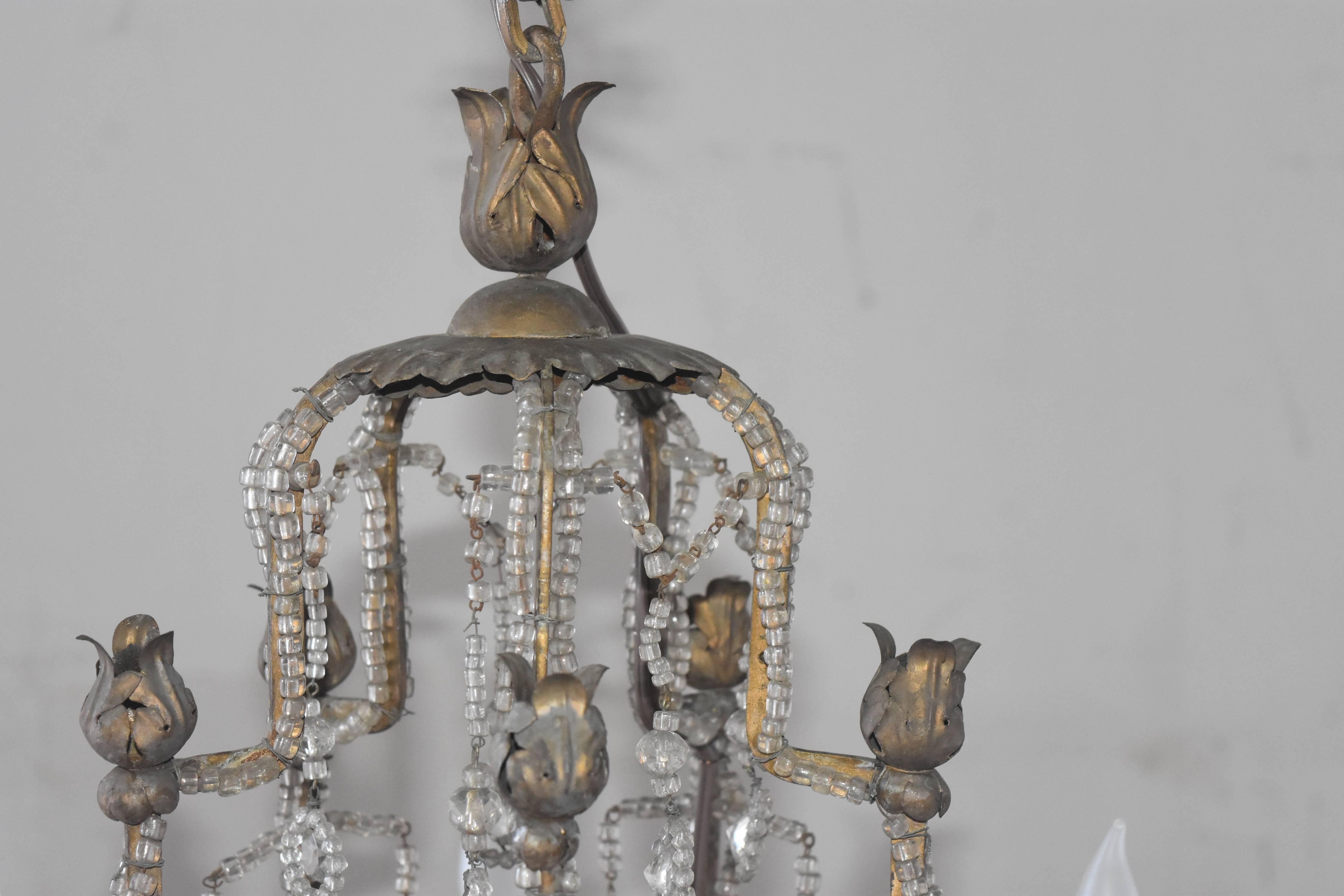 19th Century Italian Beaded Metal Crystal Chandelier with Floral Metal Bobeshes 6