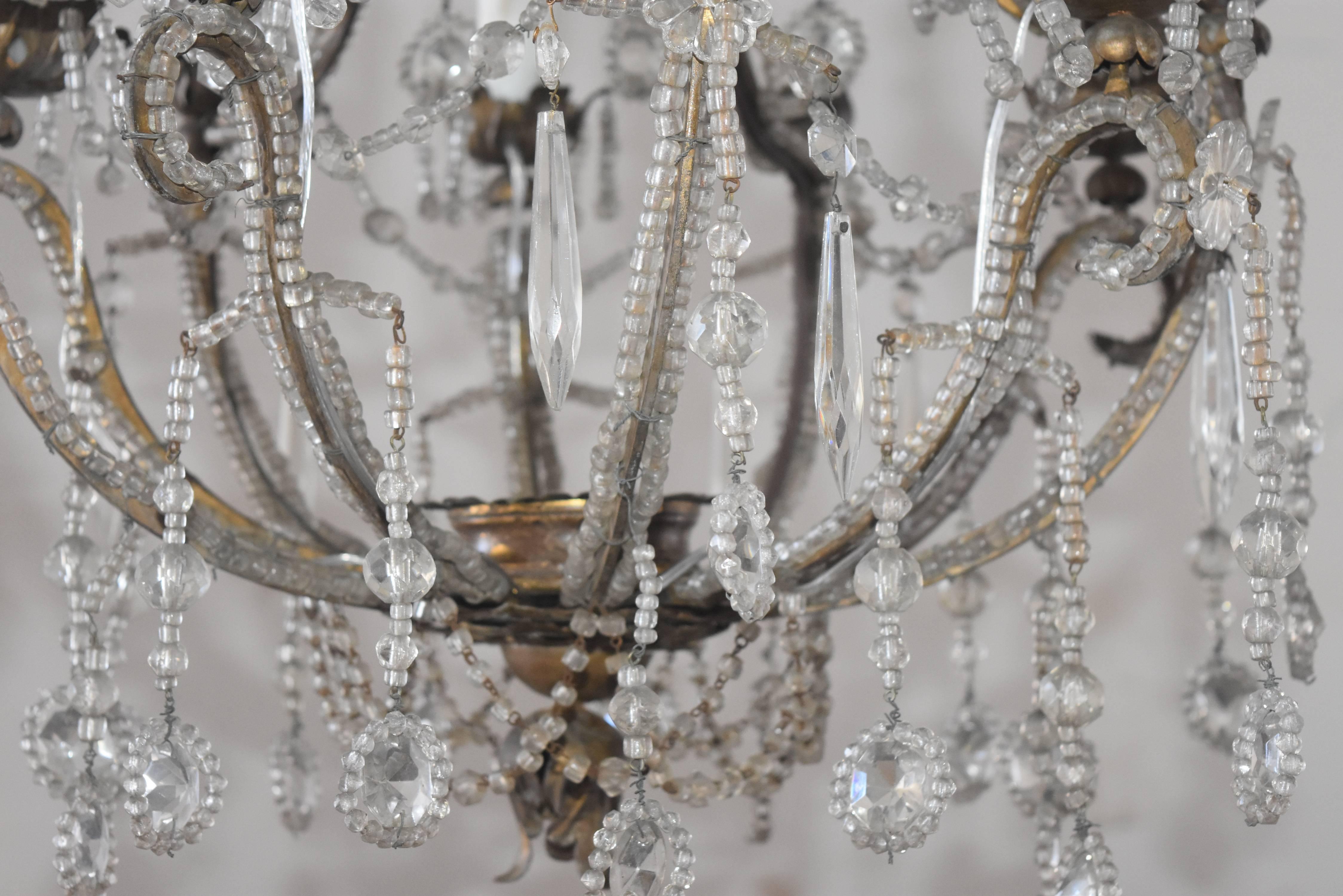 19th Century Italian Beaded Metal Crystal Chandelier with Floral Metal Bobeshes 7
