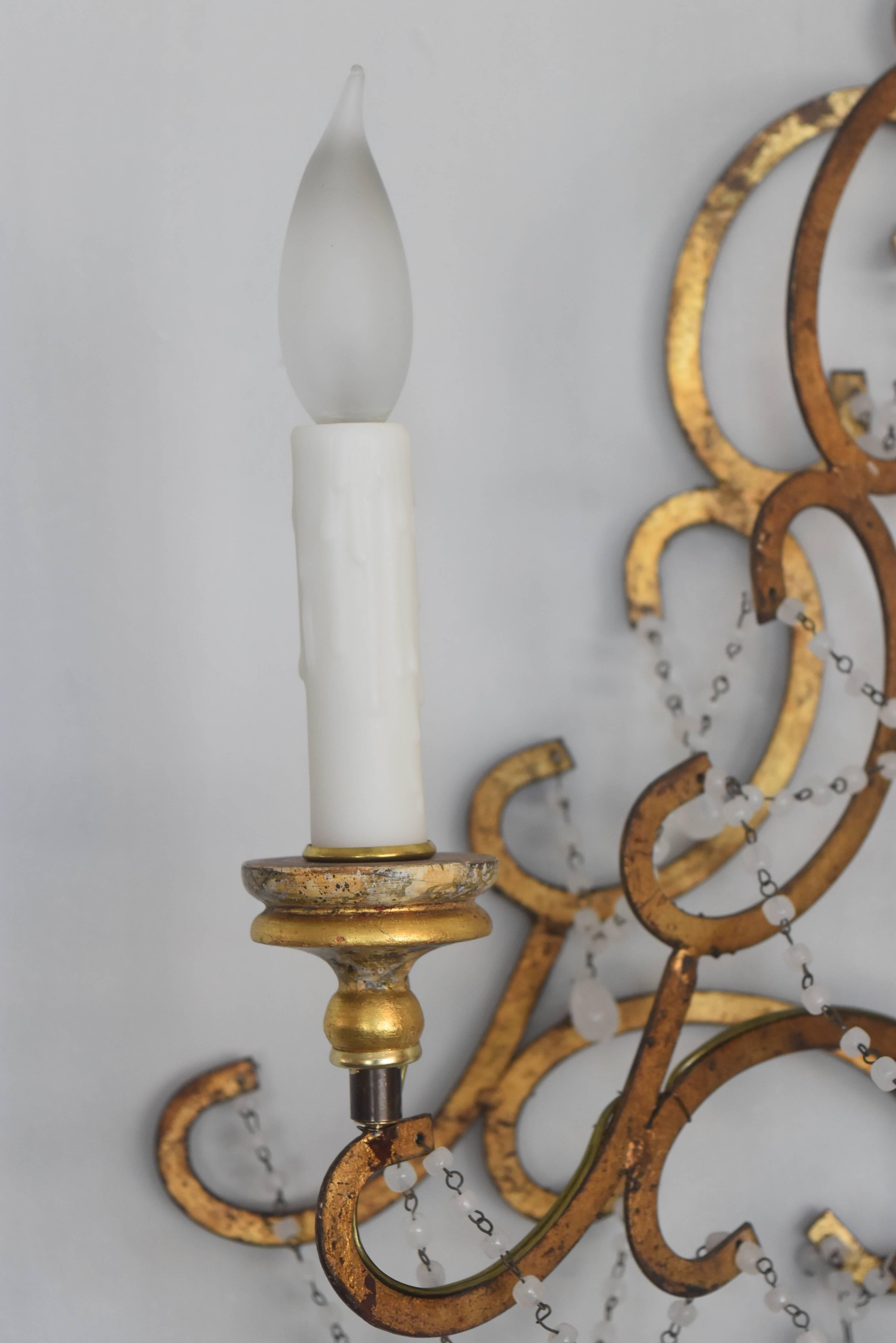 Italian Vintage Gold Gilt Metal Sconces with Gold Bobeches and Murano White Bead In Good Condition For Sale In Houston, TX