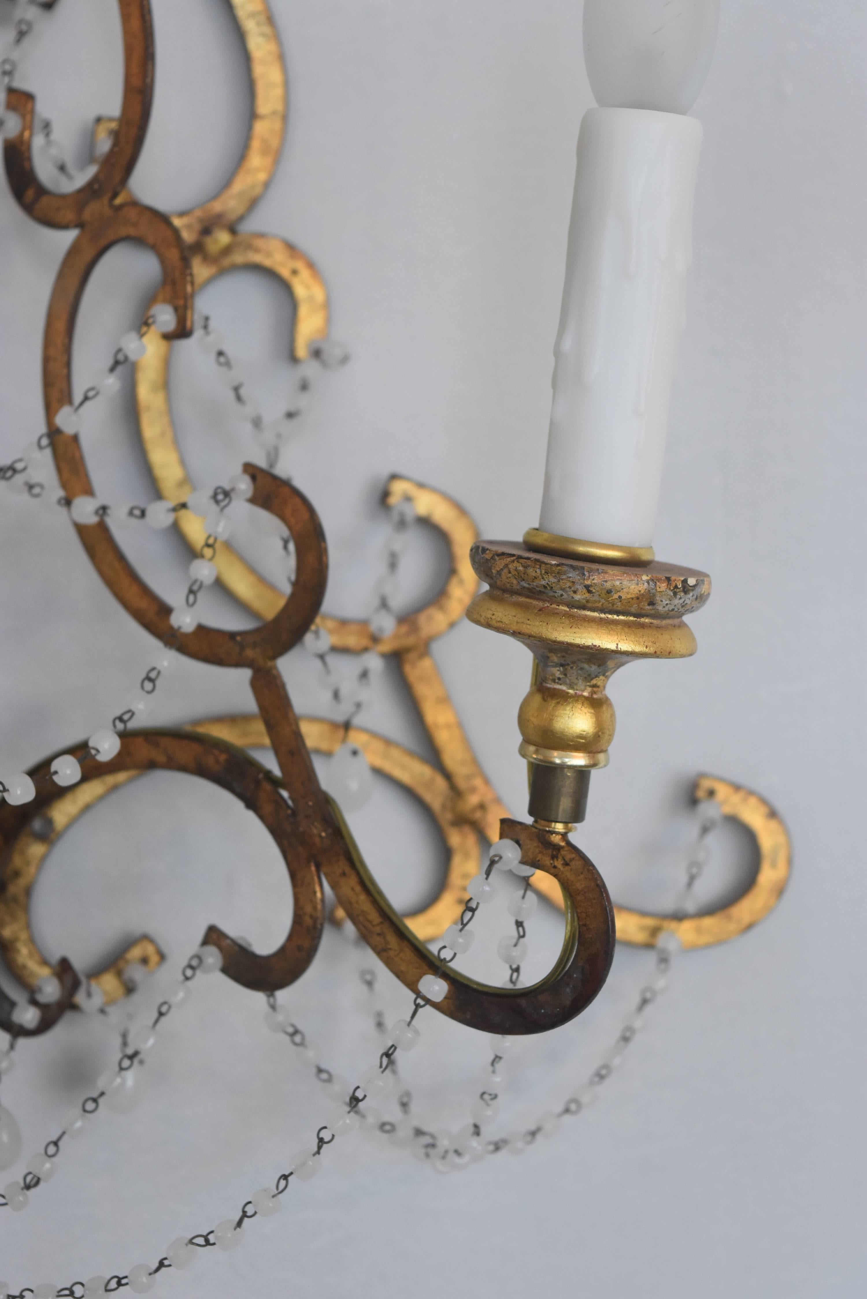 Mid-20th Century Italian Vintage Gold Gilt Metal Sconces with Gold Bobeches and Murano White Bead For Sale