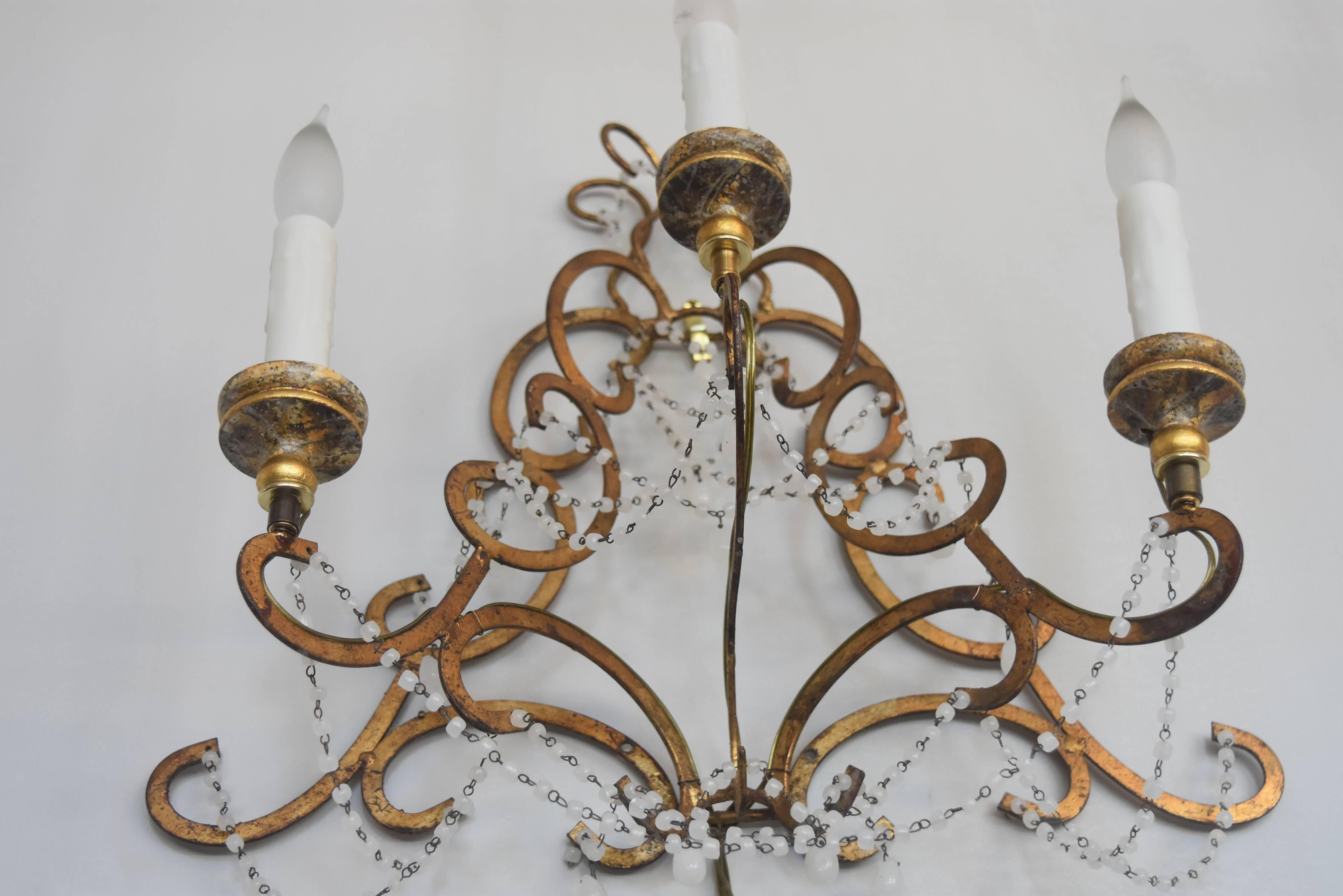 Italian Vintage Gold Gilt Metal Sconces with Gold Bobeches and Murano White Bead For Sale 1