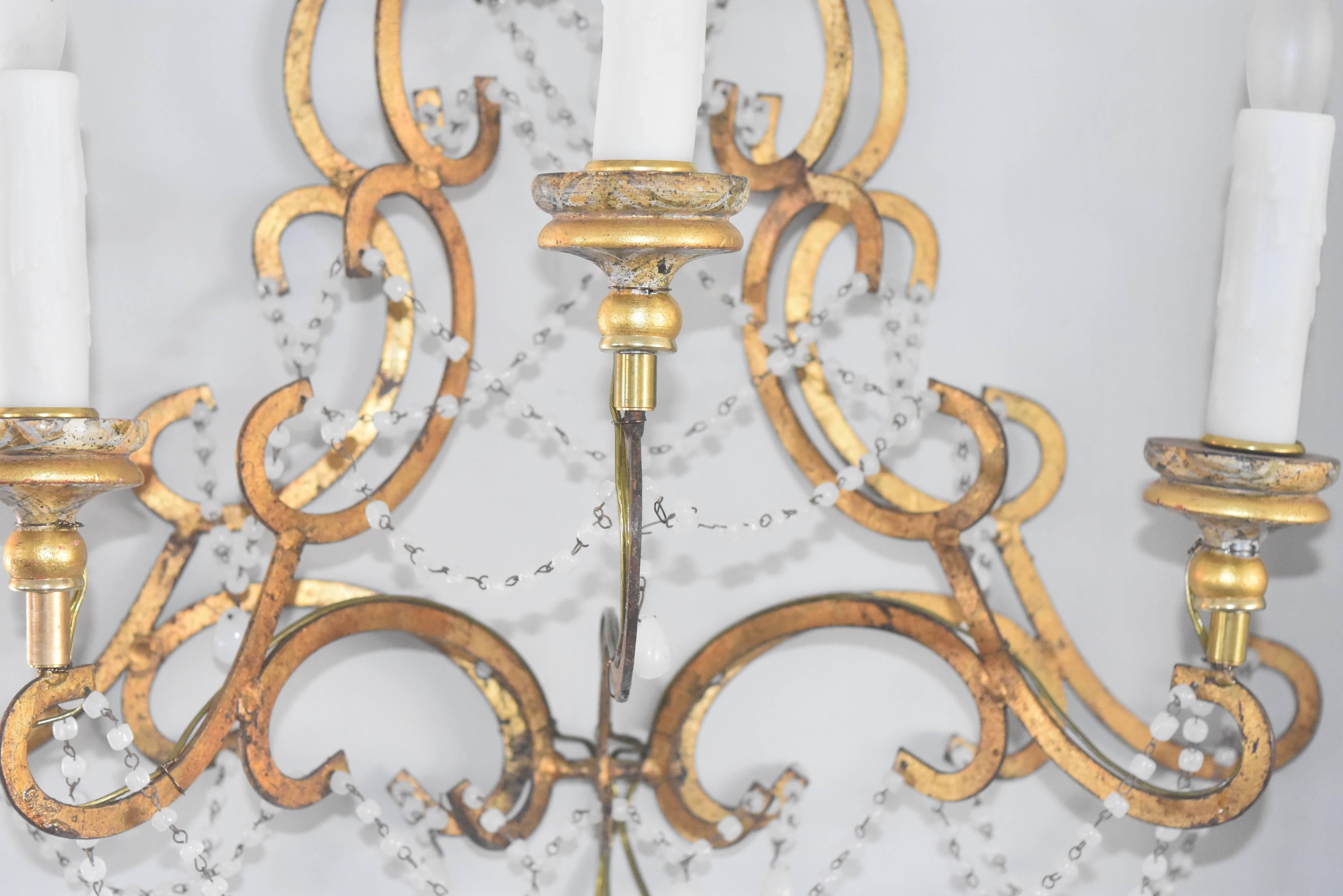 Italian Vintage Gold Gilt Metal Sconces with Gold Bobeches and Murano White Bead For Sale 5