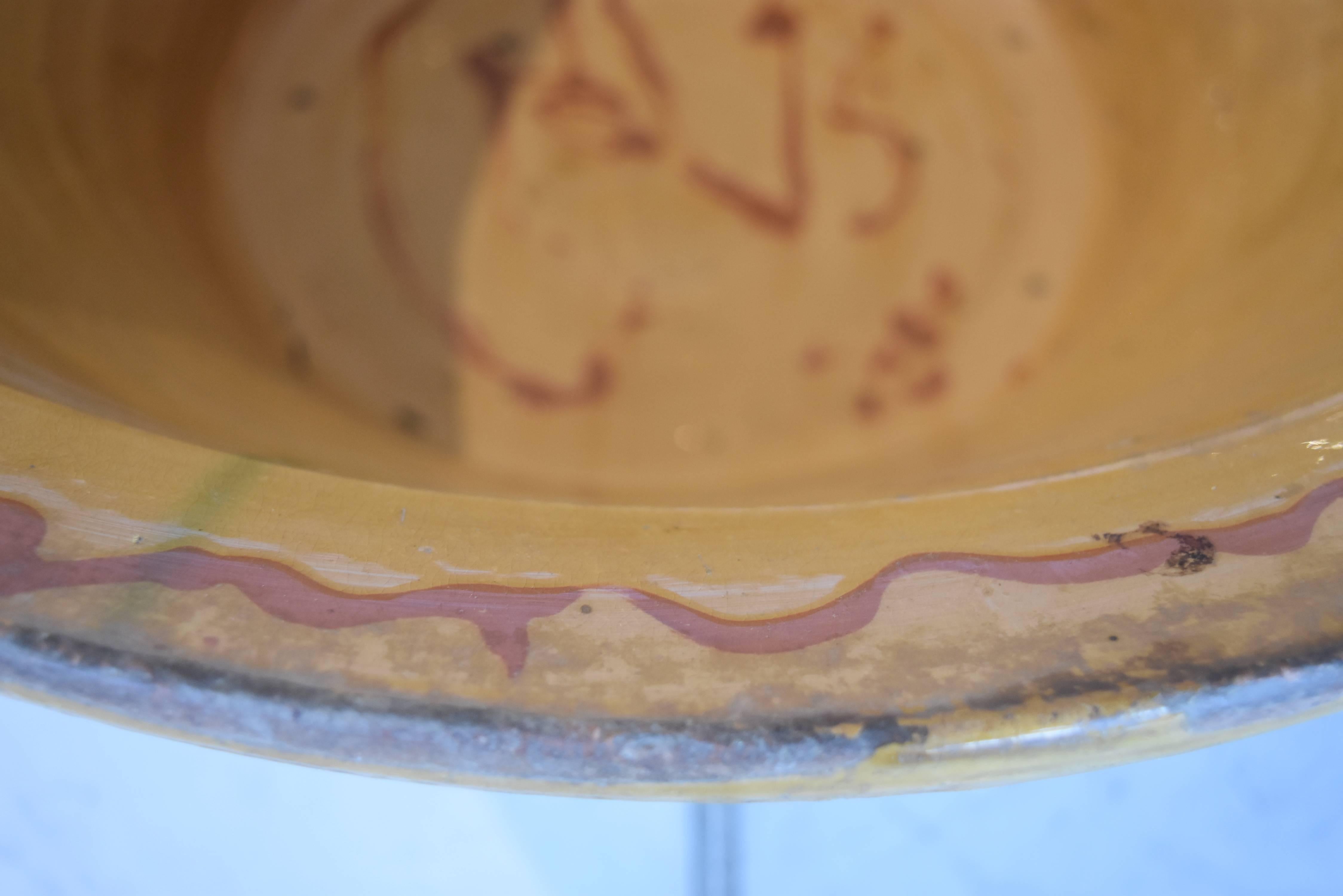 19th Century Spanish Ceramic Bowl with Mustard Yellow and Burnt Orange Design 1