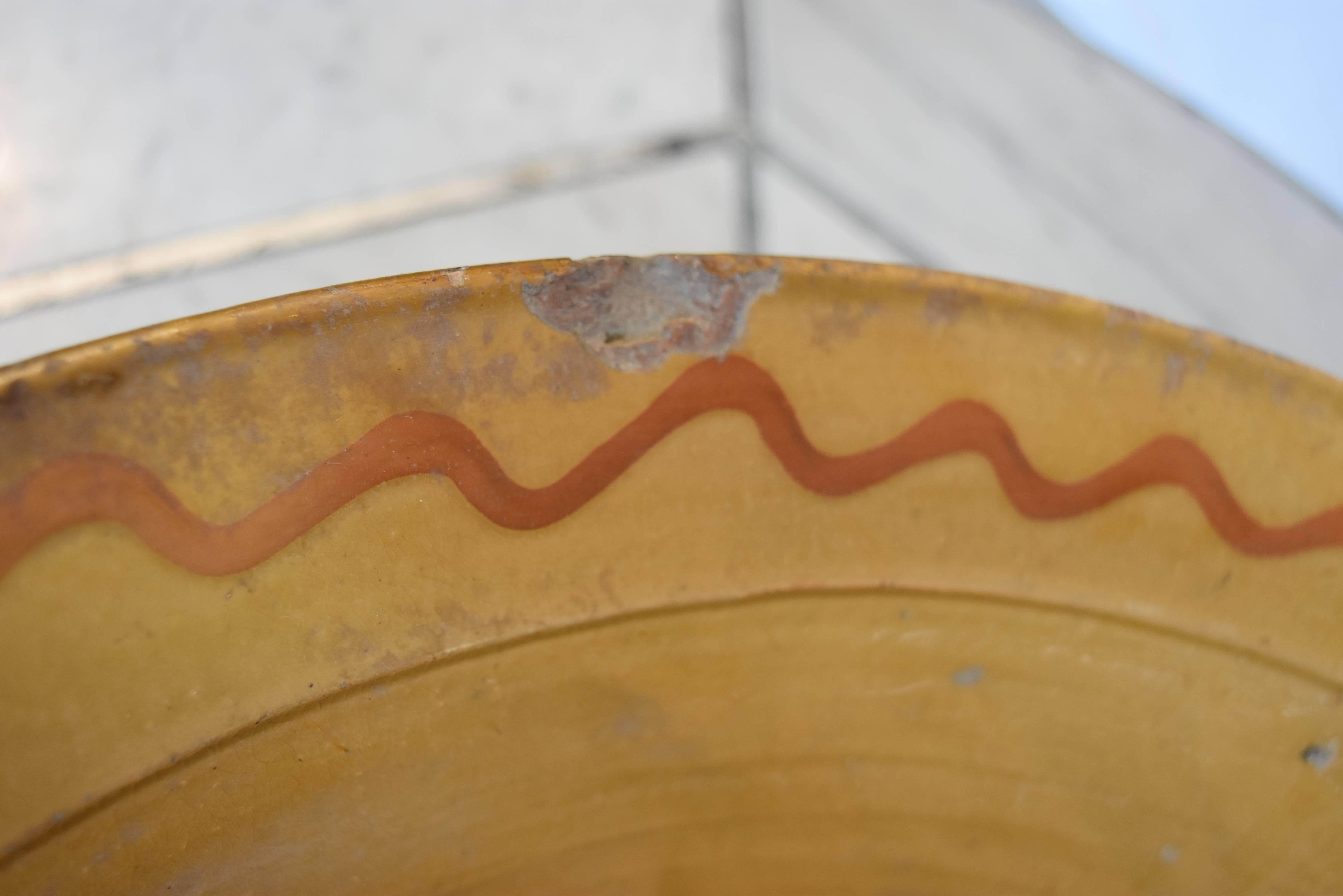 19th Century Spanish Ceramic Bowl with Mustard Yellow and Burnt Orange Design 3
