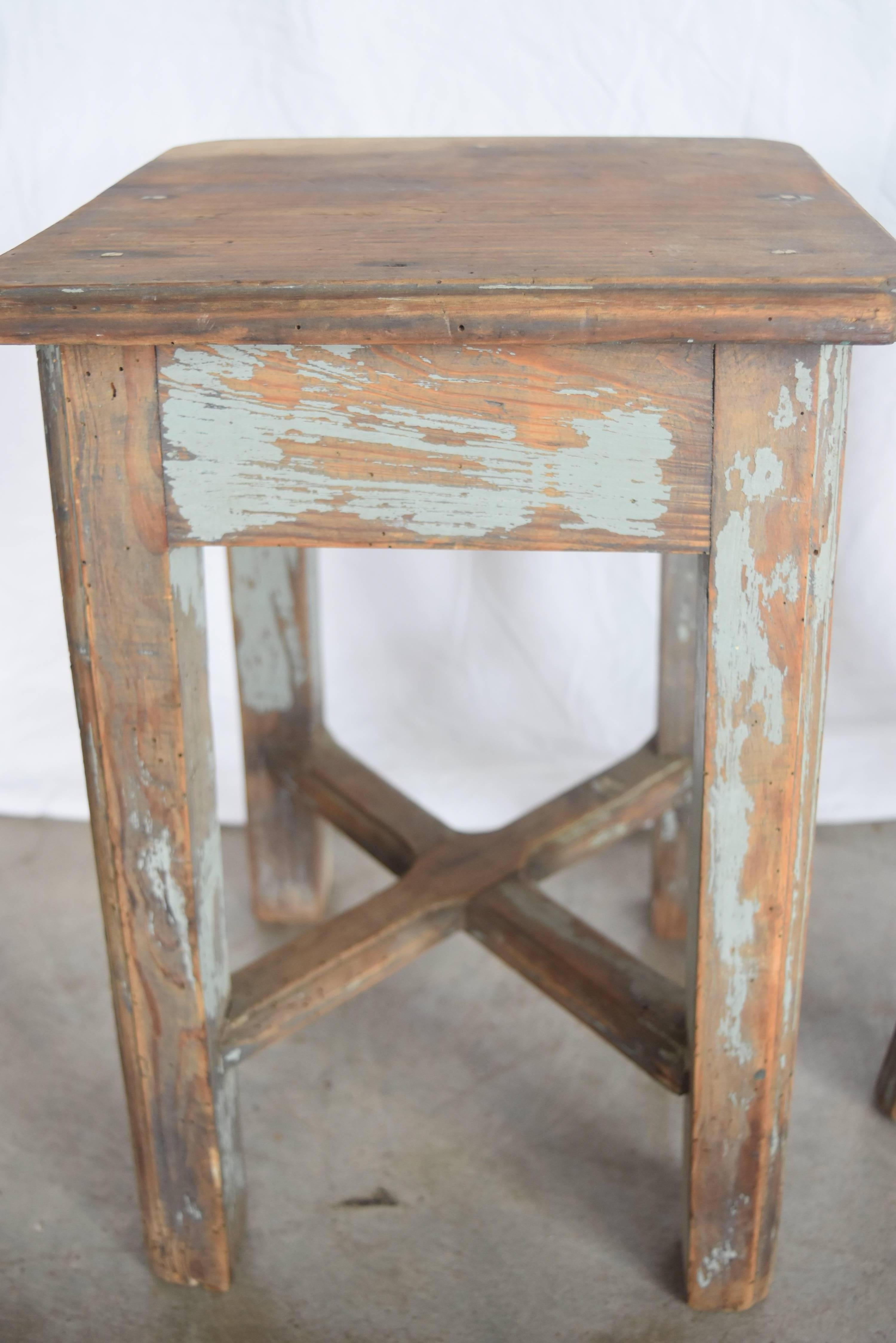 These stools are rustic and adorable with the old paint intact.   They originated in France and are perfect to use as a little side table or stool.  One of them has worn more than the others so it isn't level.  Please see photo...