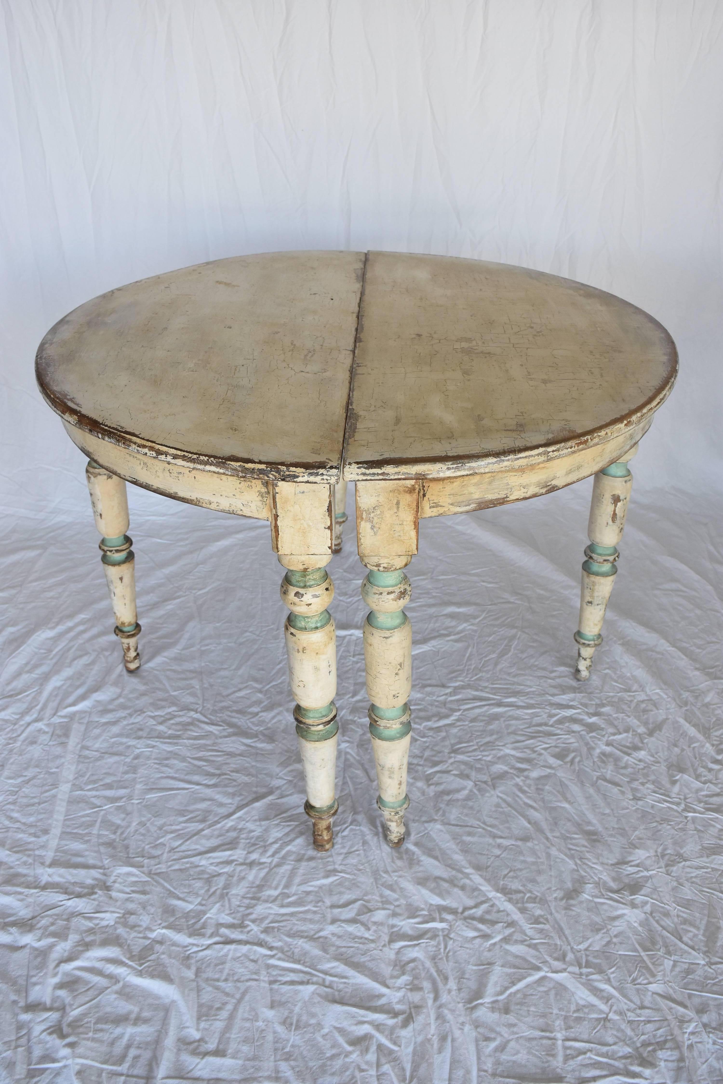 Spanish 1900s Demilune Tables With Later Creamy White Paint And Blue Accents 2