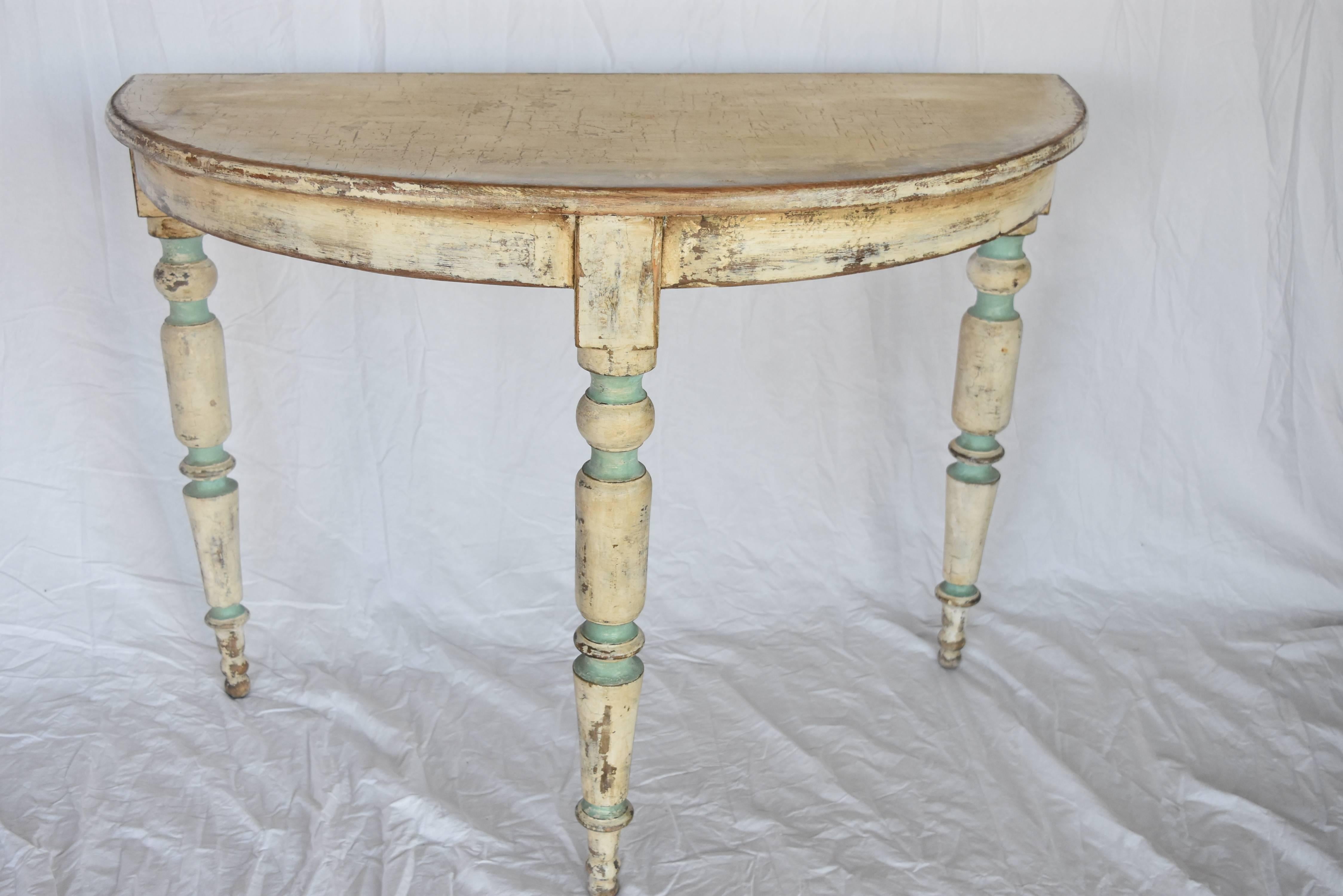 These demilunes make the perfect combo for side tables or put together for a round table.  They originate from Spain, are turned leg and have been nicely painted and rubbed back to give it that old patina look.  