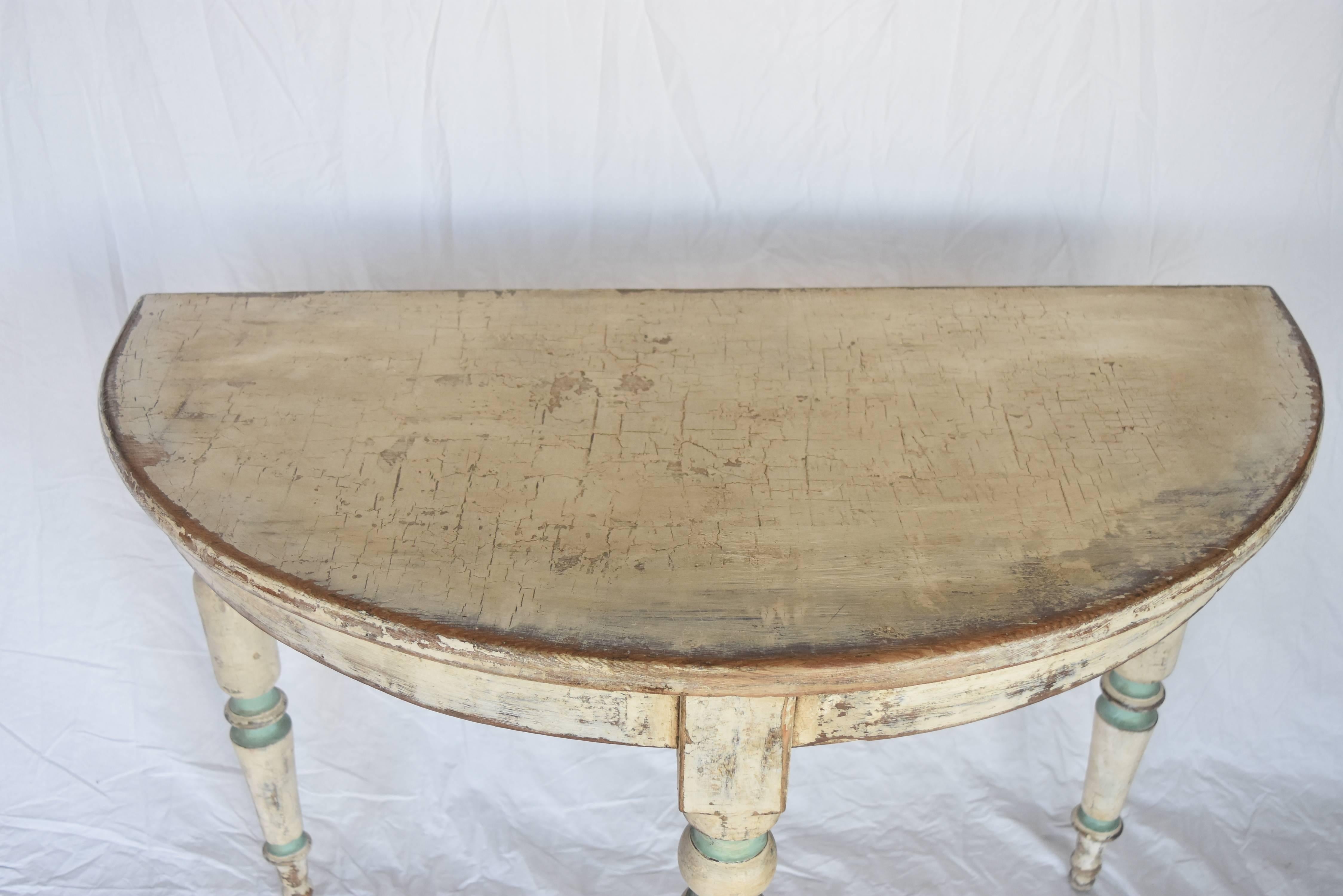 Wood Spanish 1900s Demilune Tables With Later Creamy White Paint And Blue Accents