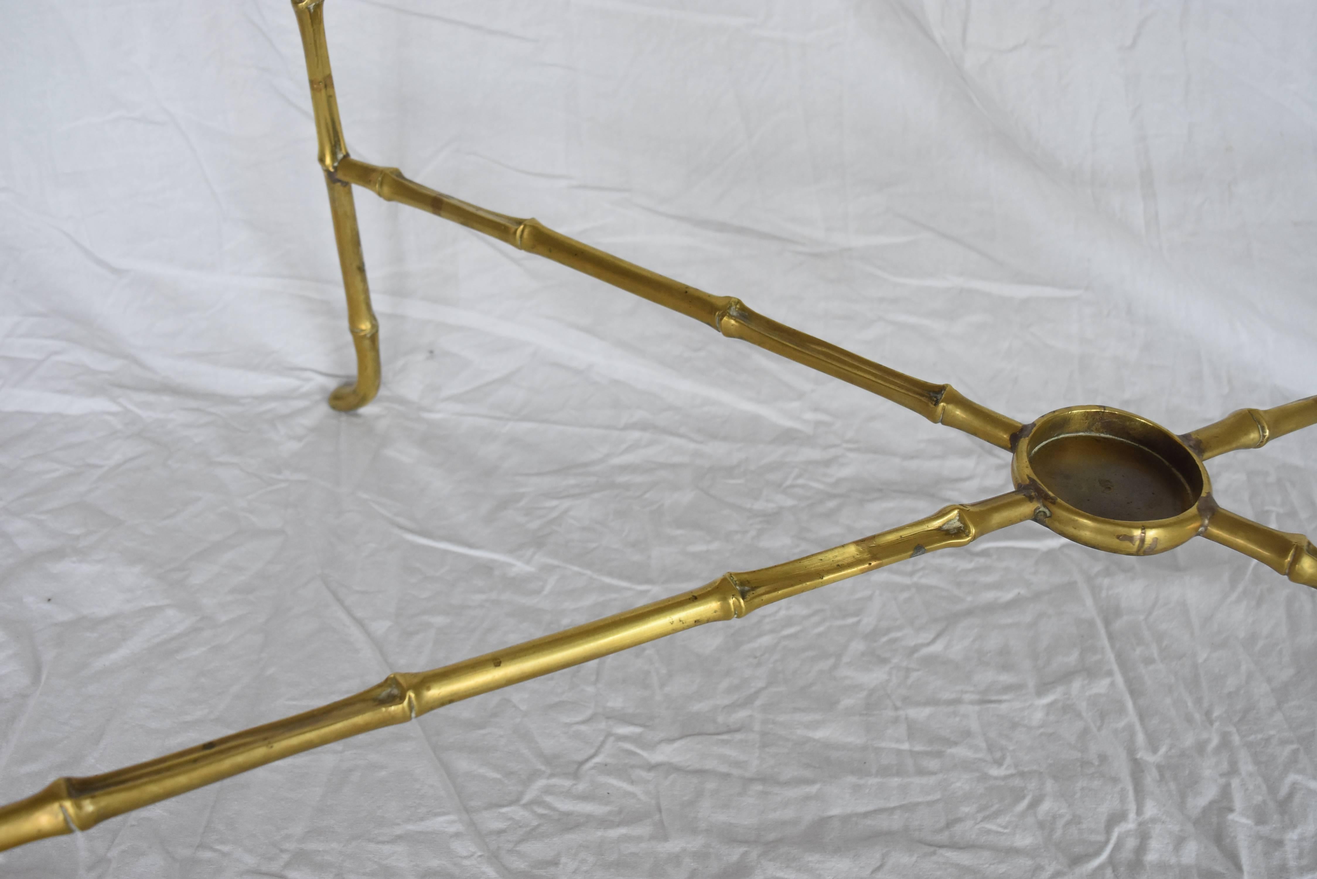 French Midcentury Brass Faux Bamboo Table with Black Glass Top 2