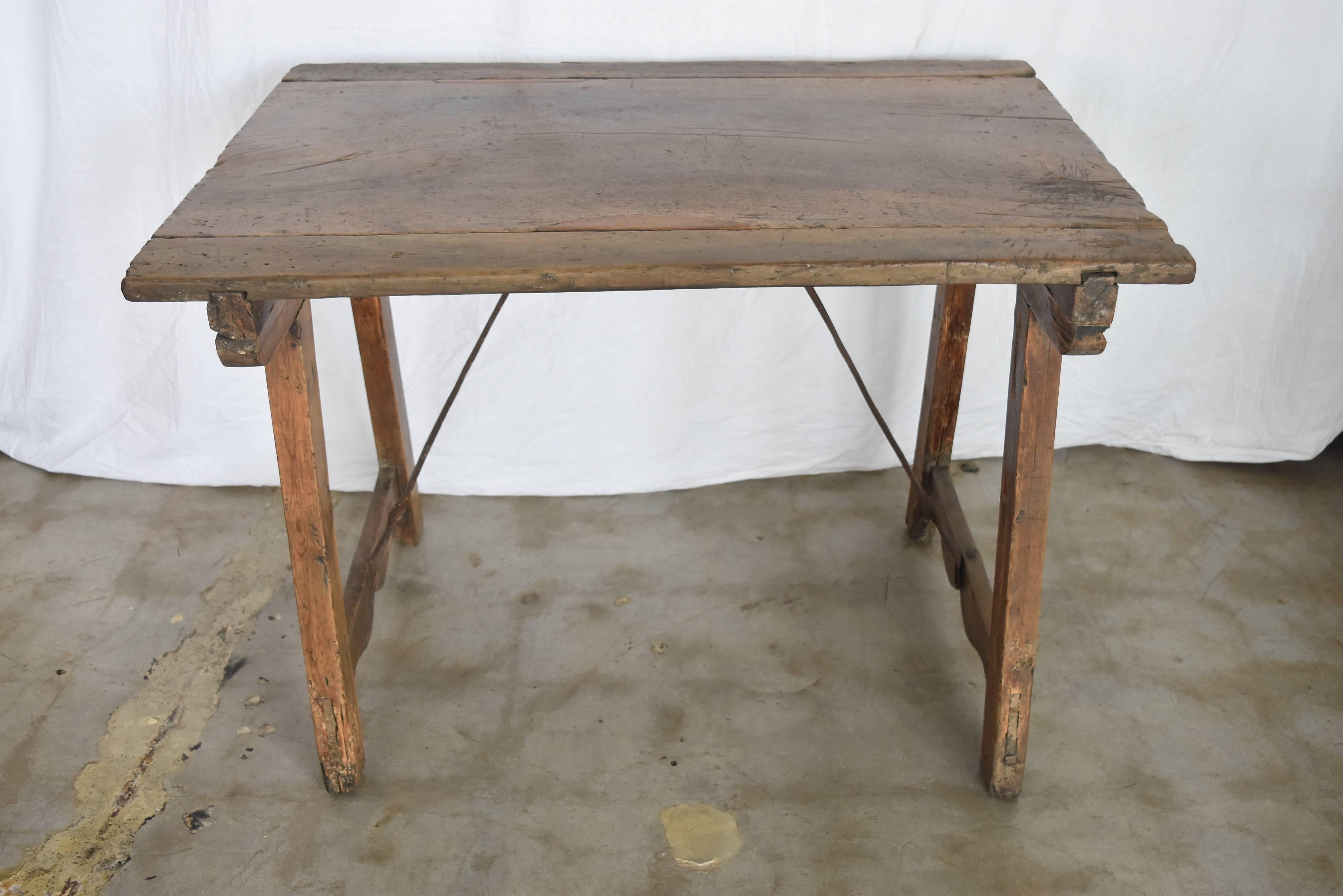 18th Century Walnut Spanish Side Table or Desk with Iron Stretcher 4