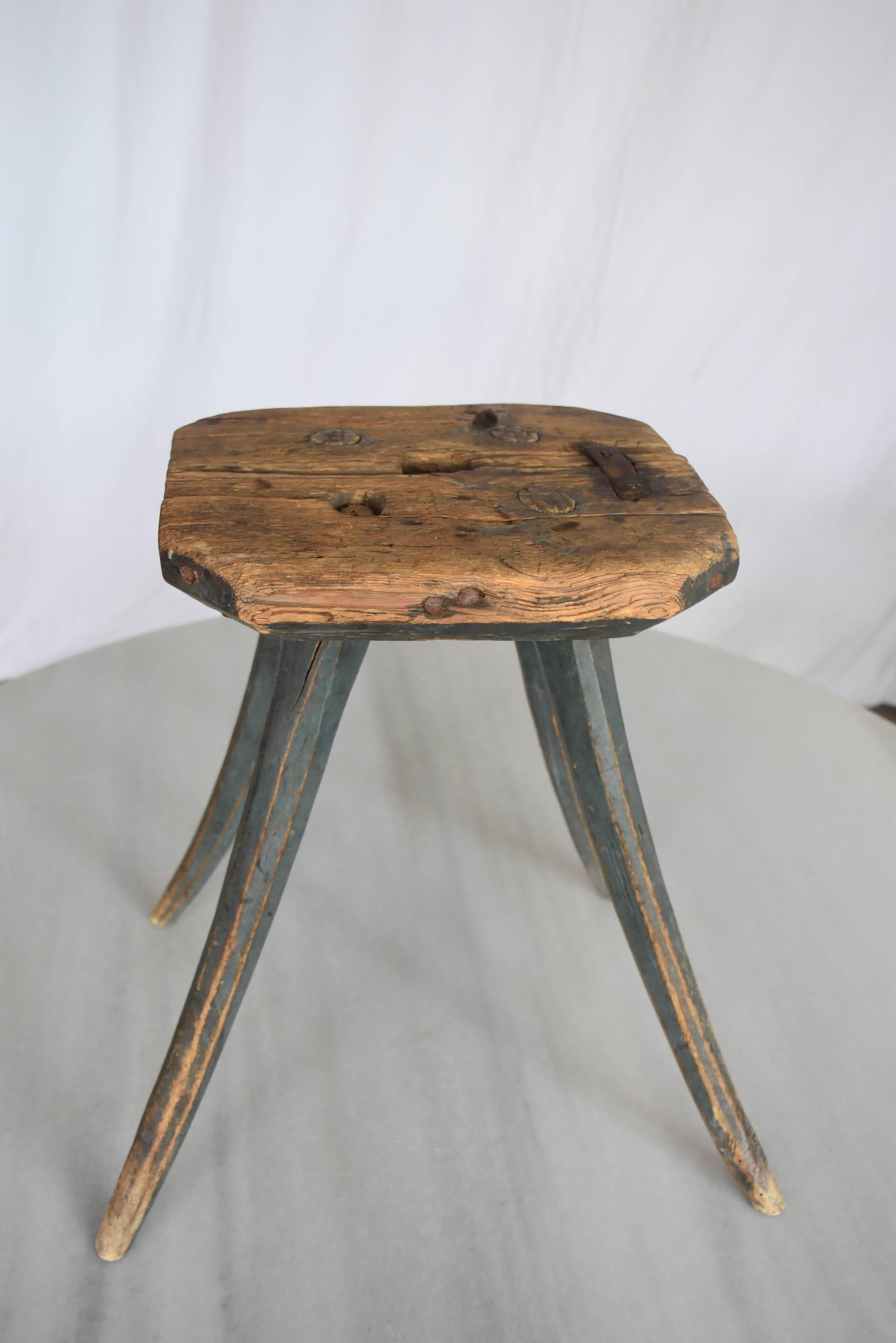 Hand-Crafted 19th Century Swedish Painted Blue Folk Art Stool or Small Side Table