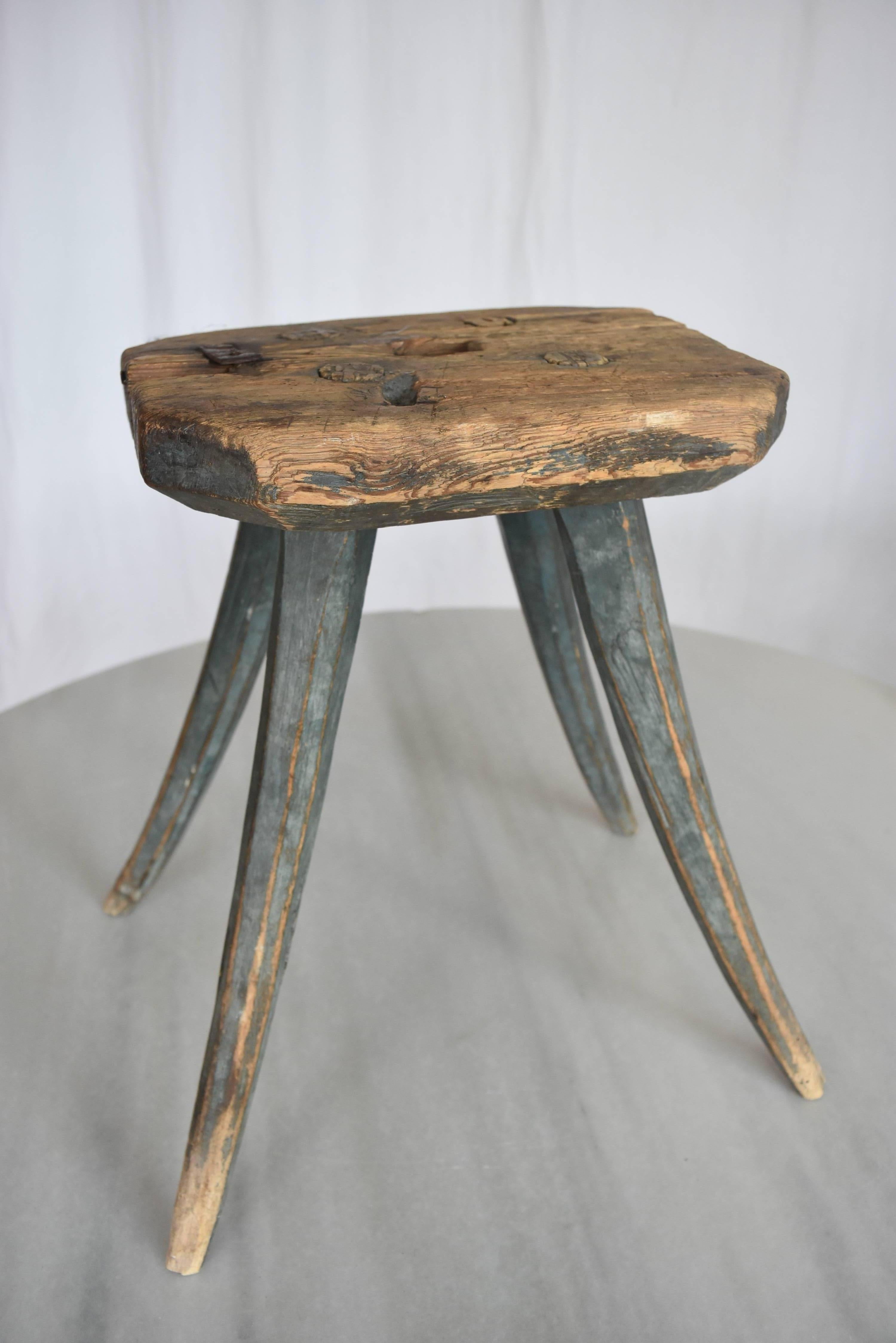 19th Century Swedish Painted Blue Folk Art Stool or Small Side Table 5