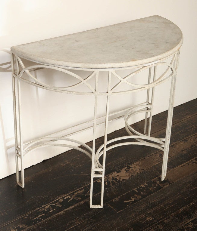 1930s English Deco Marble and Iron Demilune Console 1