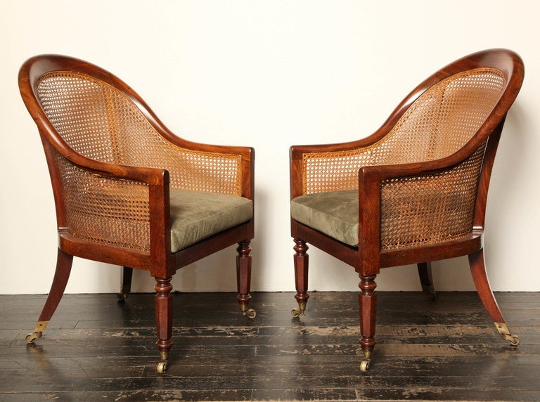 Pair of Early 19th Century English, Mahogany and Caned Armchairs With a Suede Seat Cushion