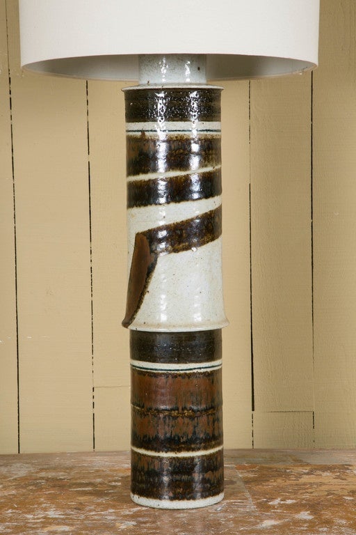 Tall lamp white and brown glazed stoneware with organic decor created by Inger Persson for Rorstrand, Sweden, circa 1960.

Signed under the base.