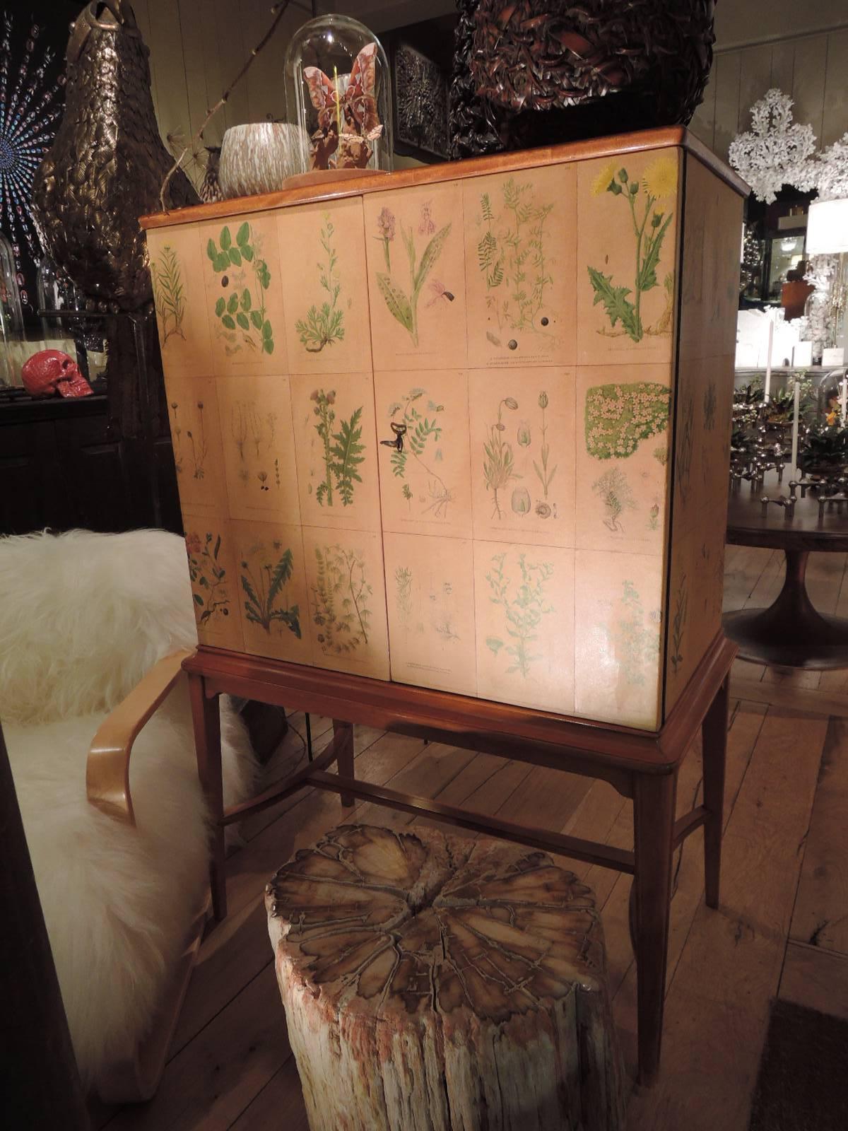 Swedish Wooden Cabinet, Upholstered with Etchings of 