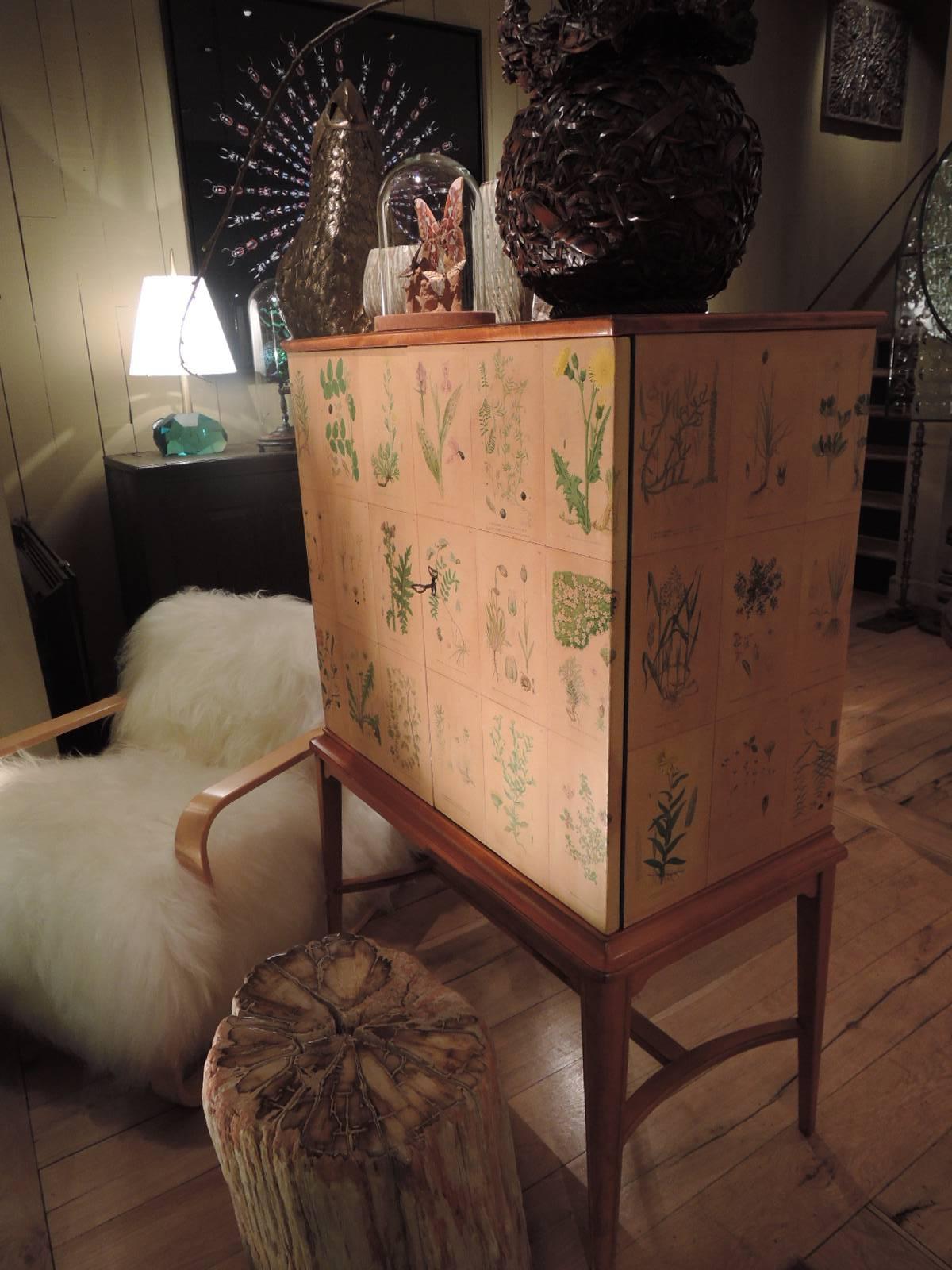 Mid-20th Century Swedish Wooden Cabinet, Upholstered with Etchings of 
