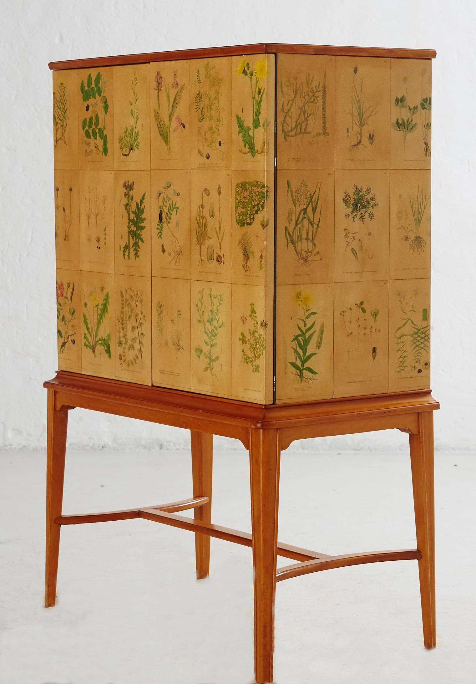 Appliqué Swedish Wooden Cabinet, Upholstered with Etchings of 