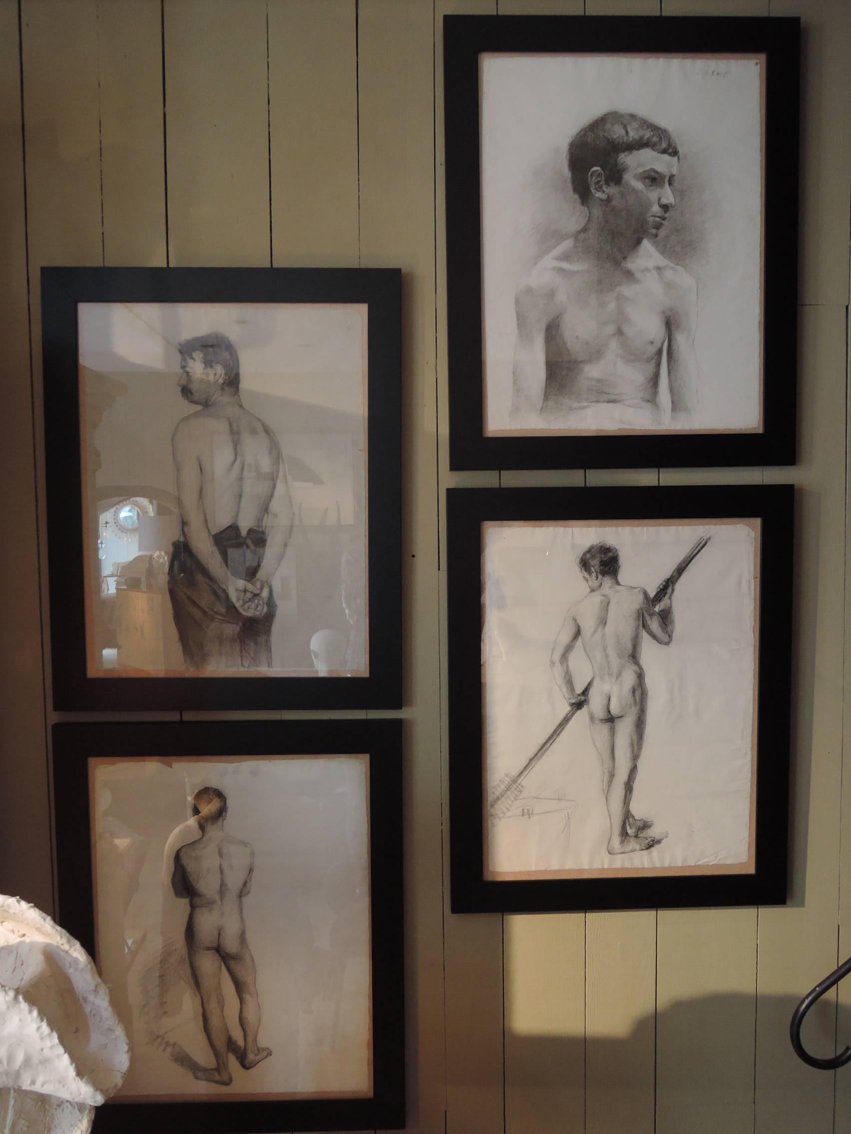 Charcoal and pencil drawing of men's studies in various poses and attitudes, end of 19th century from Sweden.
Beautiful design quality, some are signed by the artist Bildt, but not all. 
Each drawings are newly framed with a black frame, so final