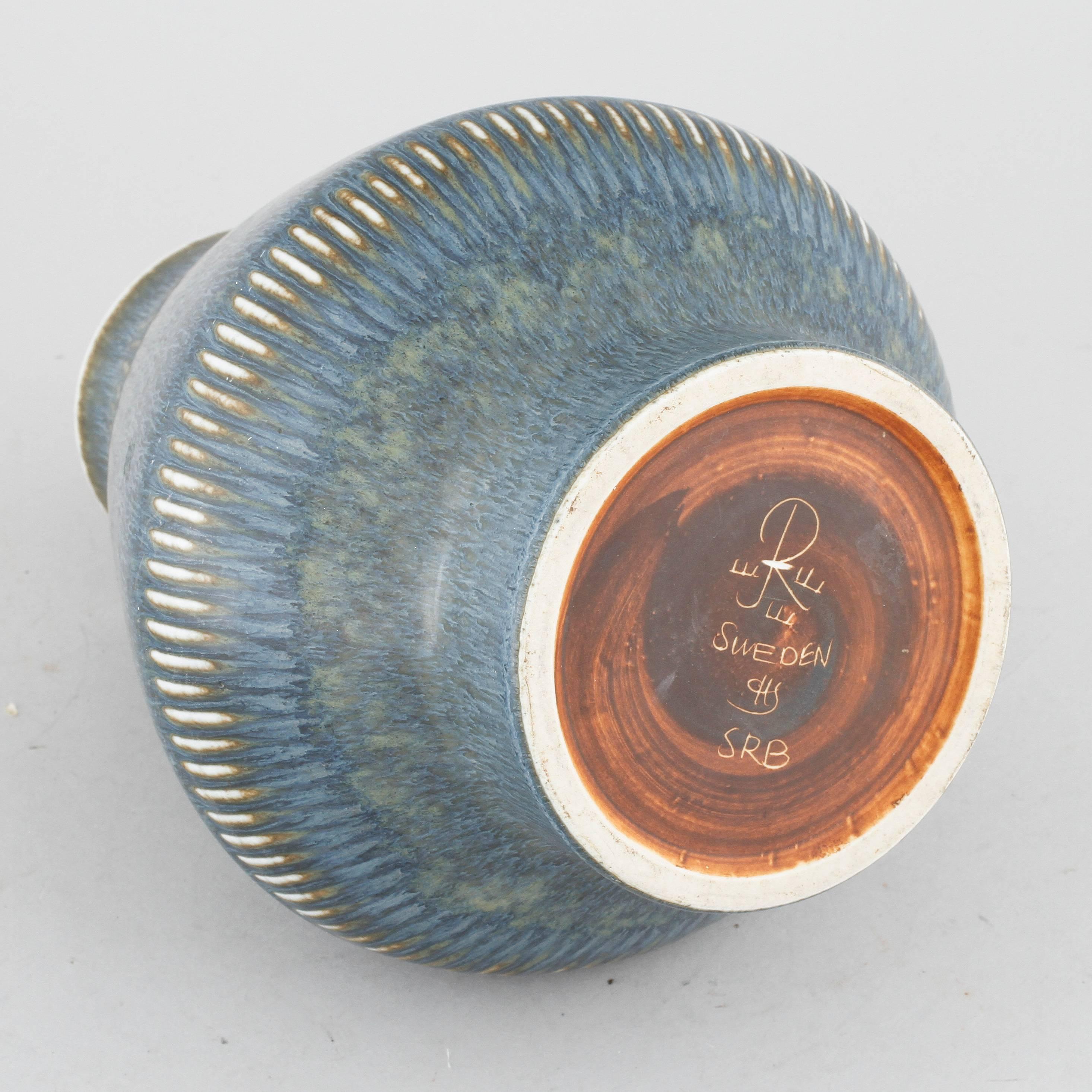 Scandinavian Modern Carl-Harry Stalhane Stoneware Vase with Blue Glaze, circa 1950 For Sale