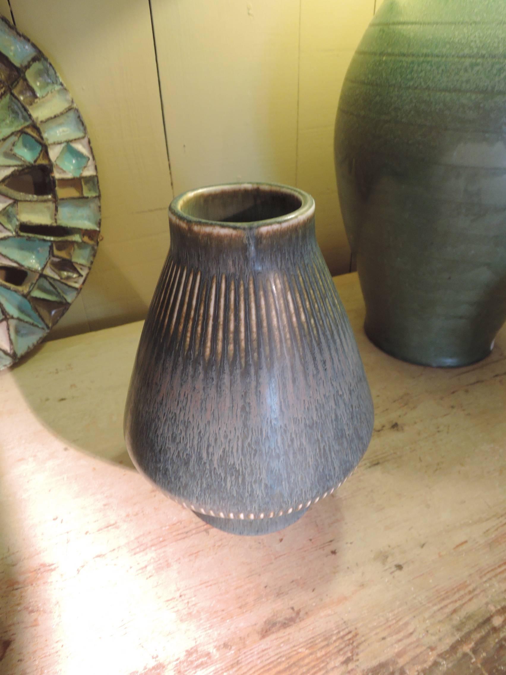 Glazed Carl-Harry Stalhane Stoneware Vase with Blue Glaze, circa 1950 For Sale