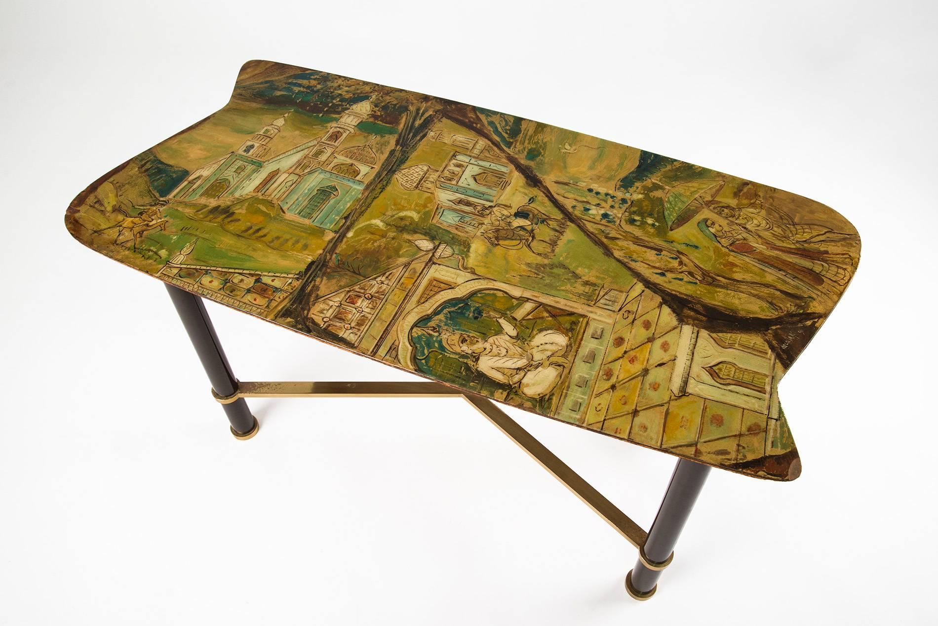 Extraordinary low table designed by Gruppo Decalage (De'Cavero, Aloisi, Girardi), manufactured in Turin in 1956. Black lacquered metal legs, brass feet and crossing beams, exquisitely hand-painted wooden top covered with a resin protective lacquer.