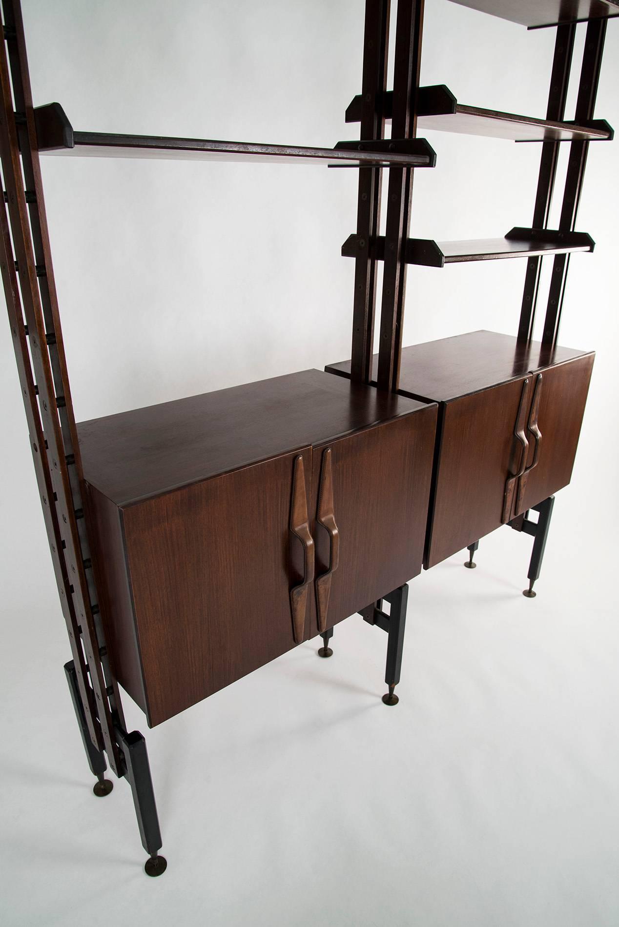 Large Adjustable Rosewood and Leather Bookcase, Italy, 1950 2