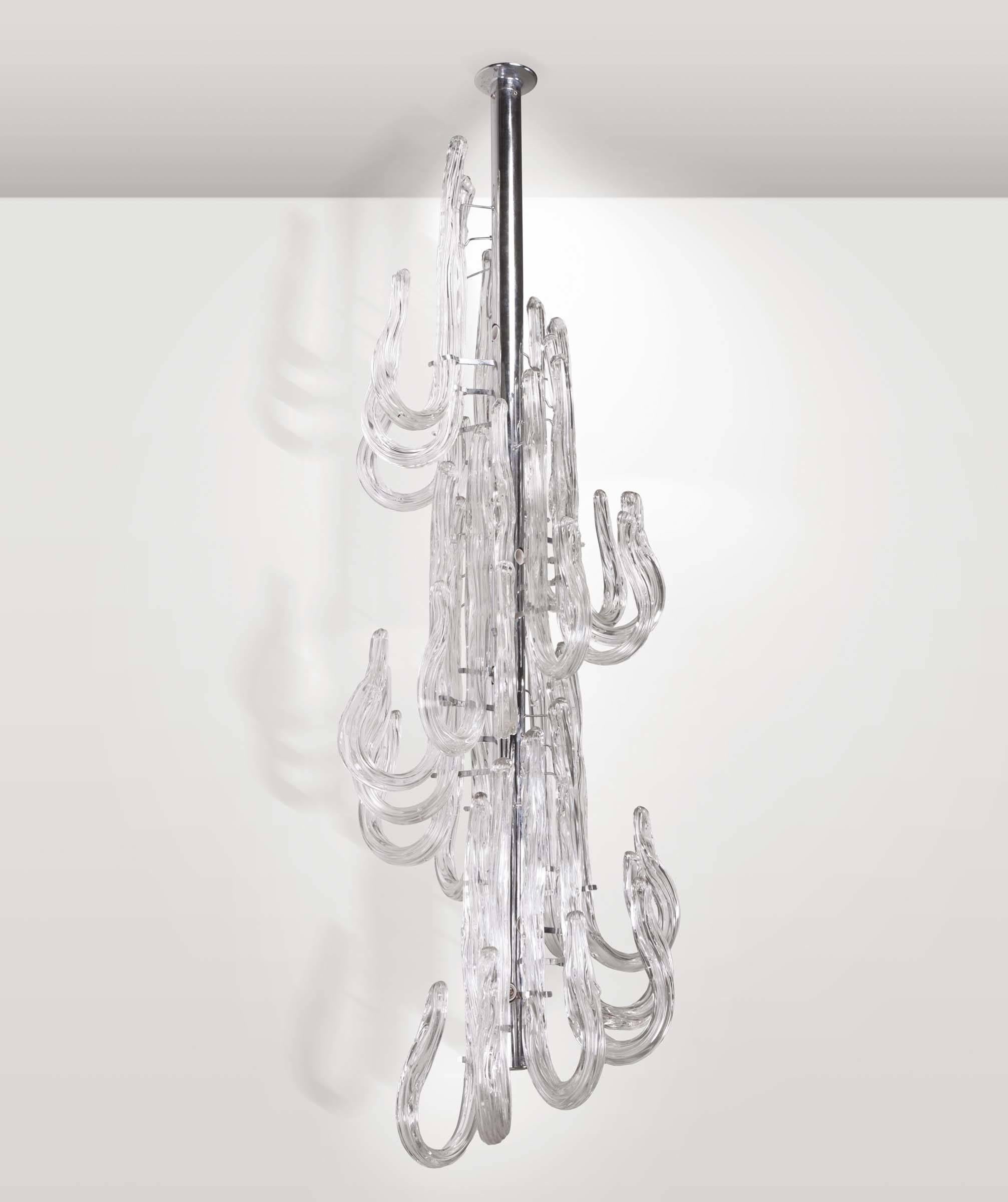 Venini Pastorale Chandelier in Transparent Murano Glass, Metal Chromed Structure In Good Condition For Sale In Milan, IT