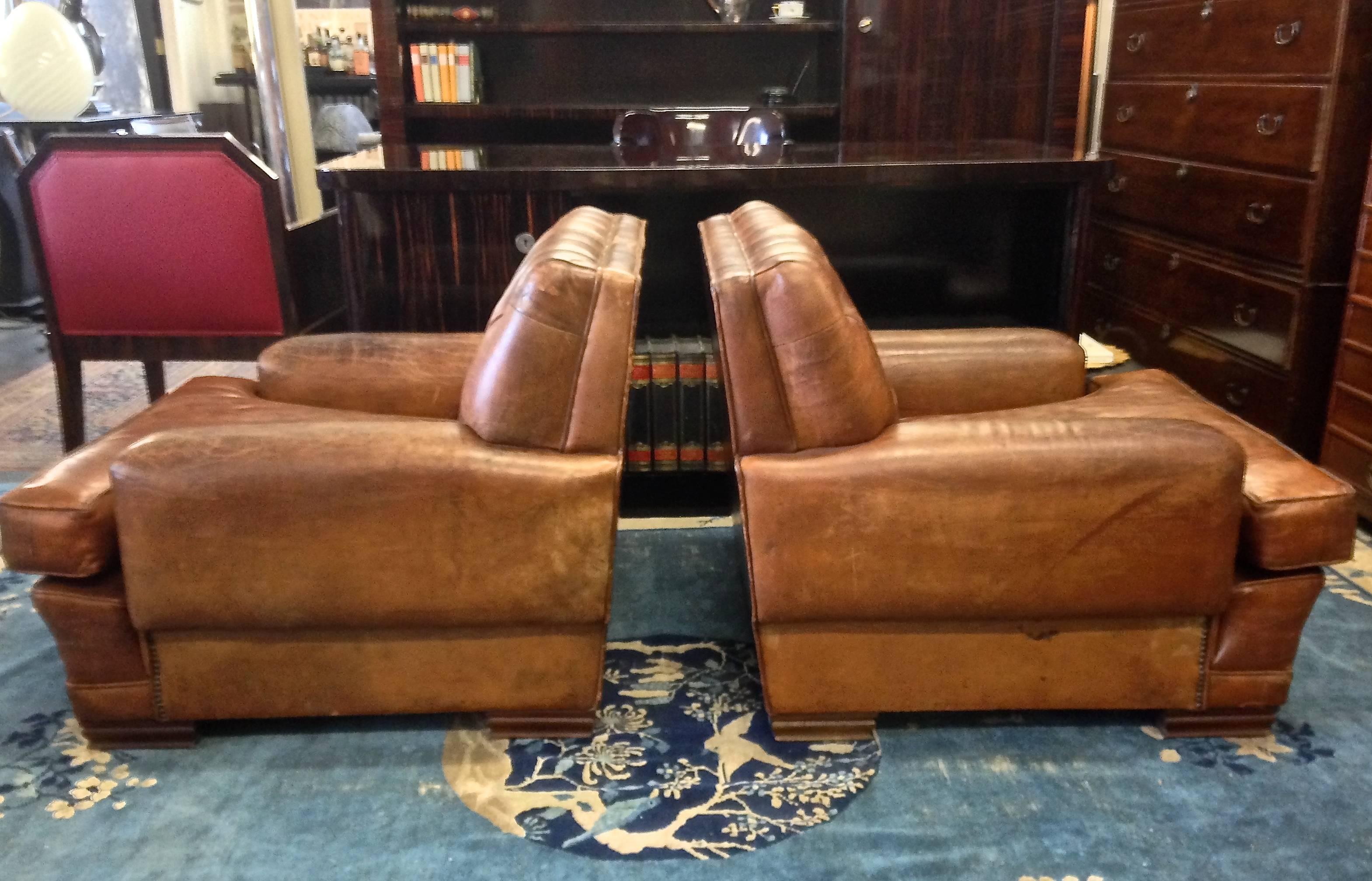 Pair of Original 1920s French Art Deco Button Tufted Leather Club Chairs In Distressed Condition For Sale In Minneapolis, MN