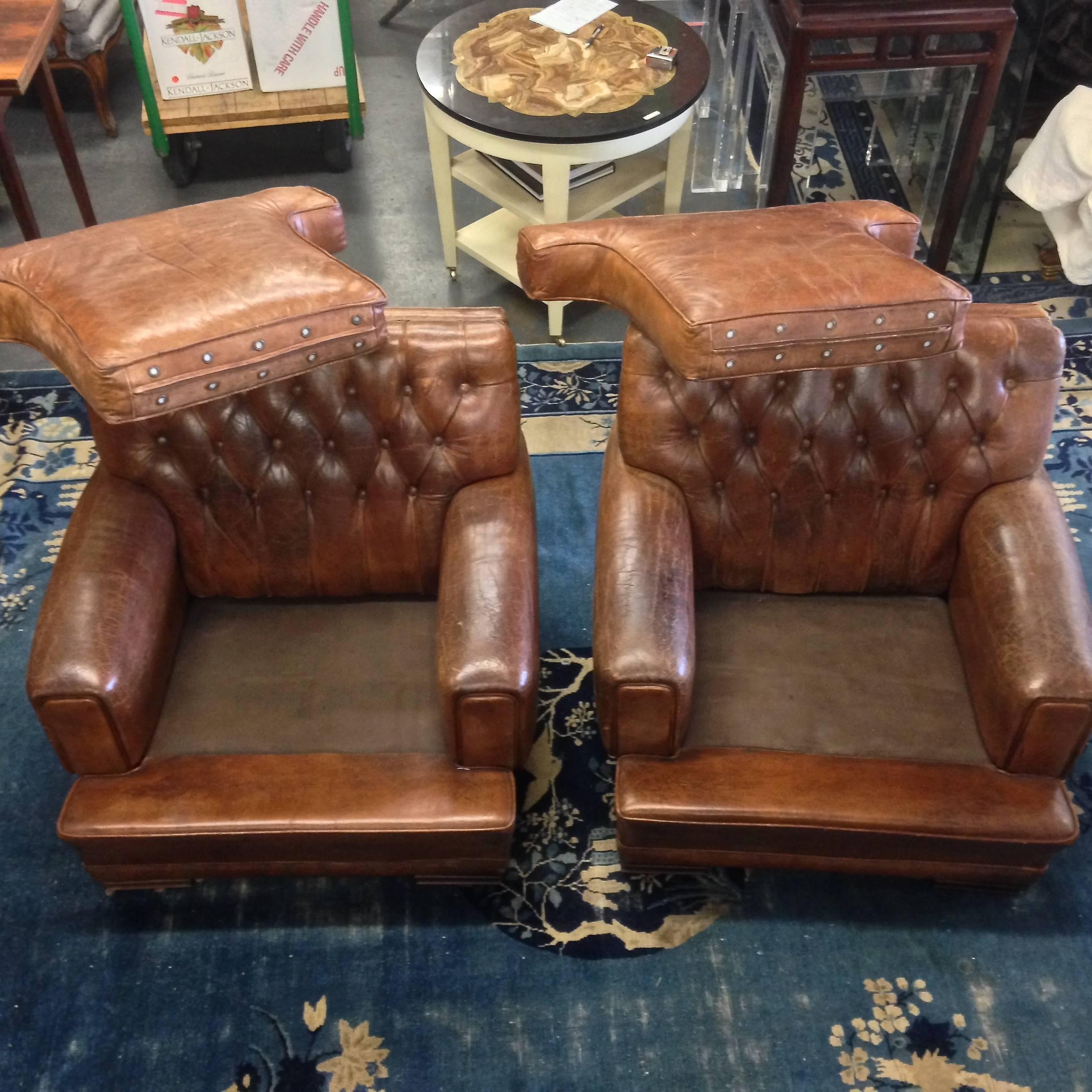 Early 20th Century Pair of Original 1920s French Art Deco Button Tufted Leather Club Chairs For Sale