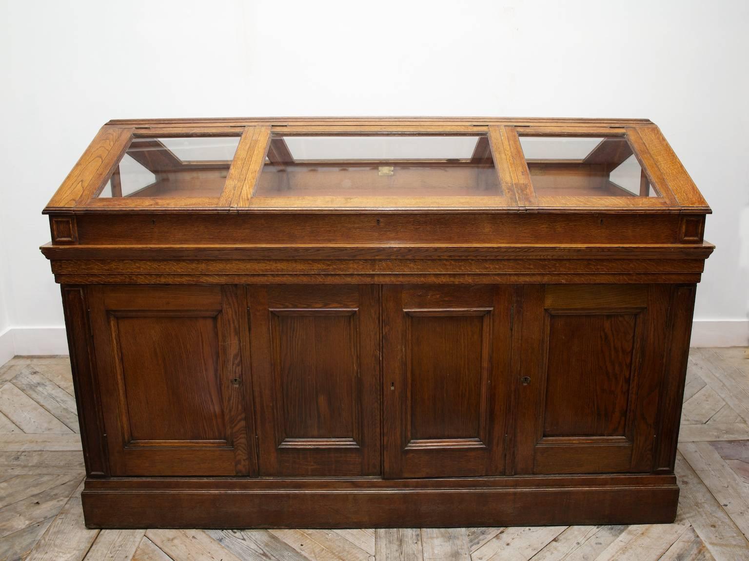 We have one of these glazed oak museum cabinets available.

Lockable glazed opening doors above solid panel doors with storage behind,

English, circa 1890.

Price is for one

Measures: 104cm D x 124cm H x 189cm W.