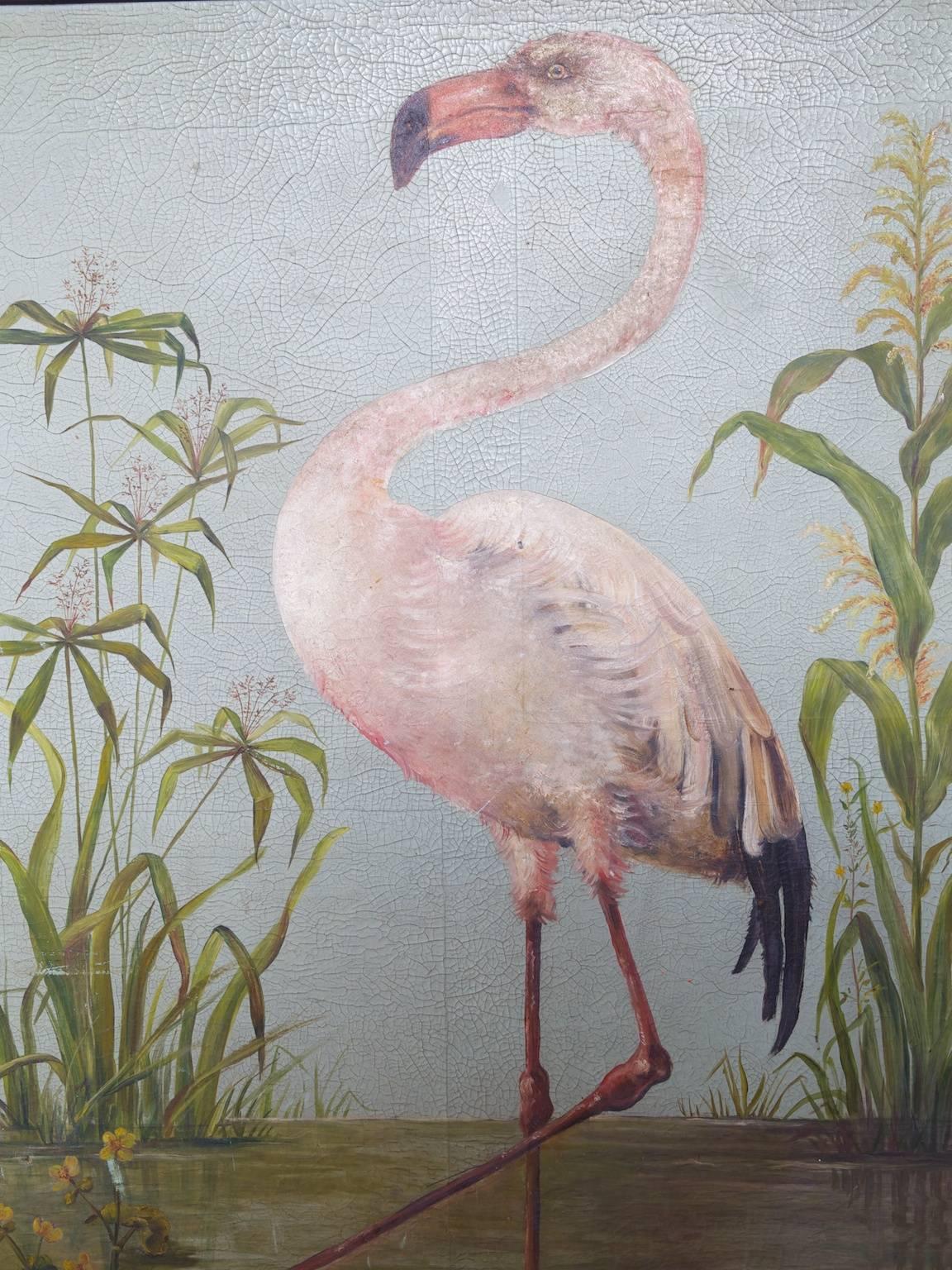 A bamboo and velum fire screen.

The velum decorated to one side with a flamingo standing in a reed bed.

Chinese export, circa 1900.