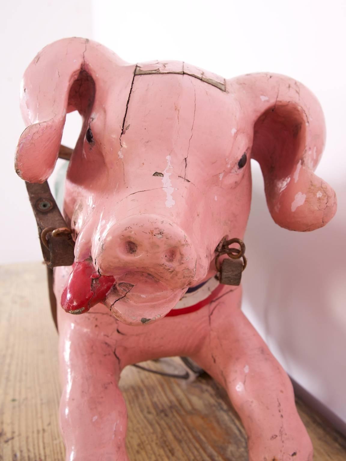 A carved and painted timber juvenile carousel figure of a running piglet by Gustave Bayol (1859-1931).

This is one of a complete set of eight figures we have in stock, bought from the family of showmen who commissioned them, part of Drews own