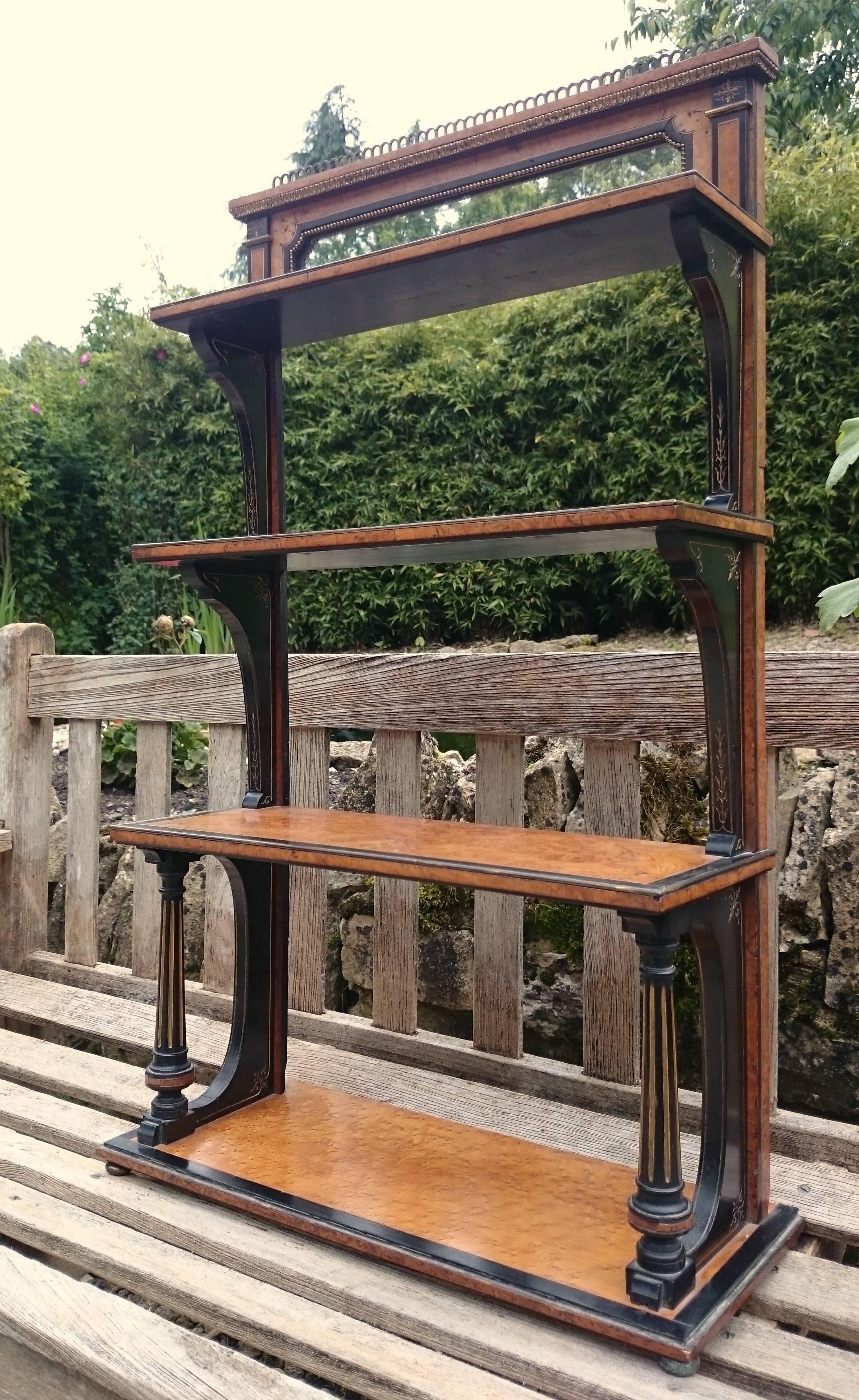 British Antique Aesthetic Movement Amboyna Gilt and Ebonized Hanging Shelves For Sale