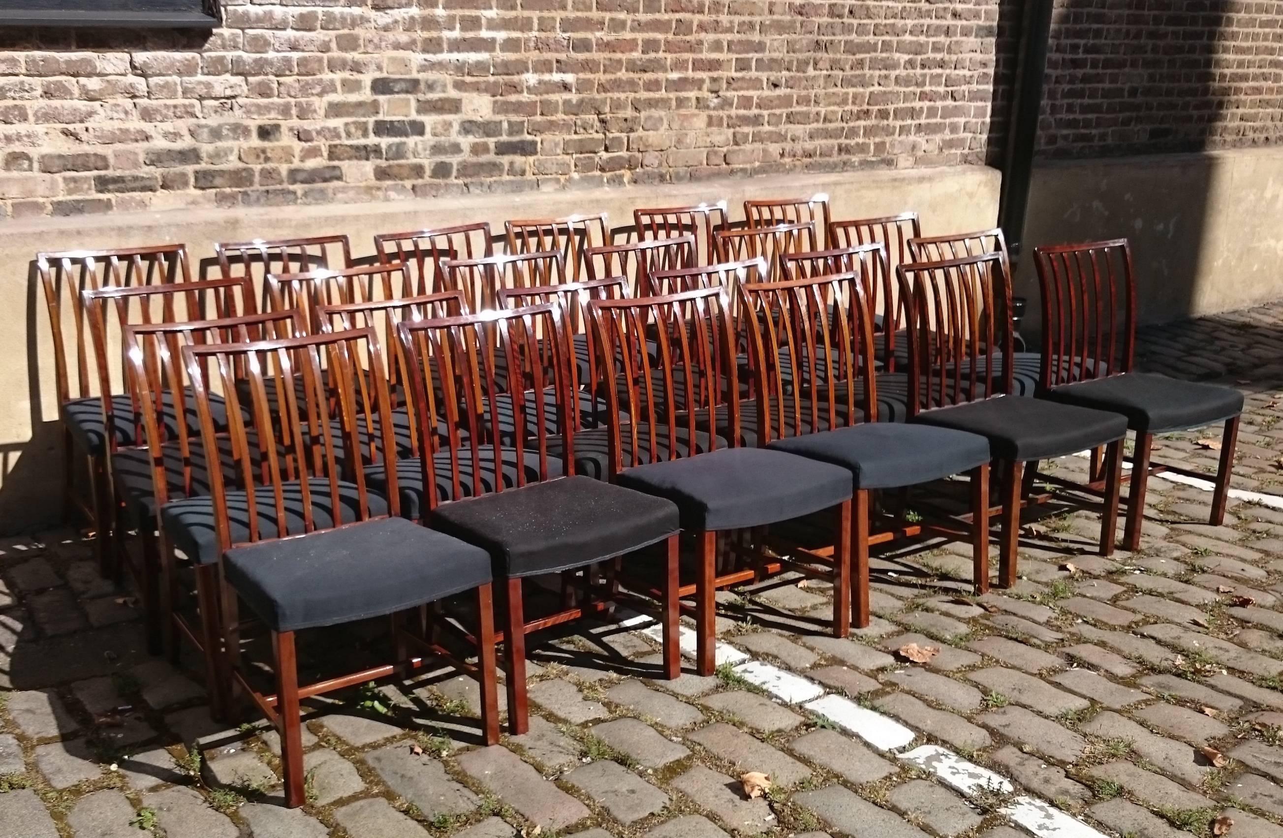Set of 24 dining chairs comprising 12 from circa 1920 and 12 very good copies made around ten years ago. These are good generous size chairs which are also generous and well-made. They come from a good arisocratic Swedish family.

Swedish, circa