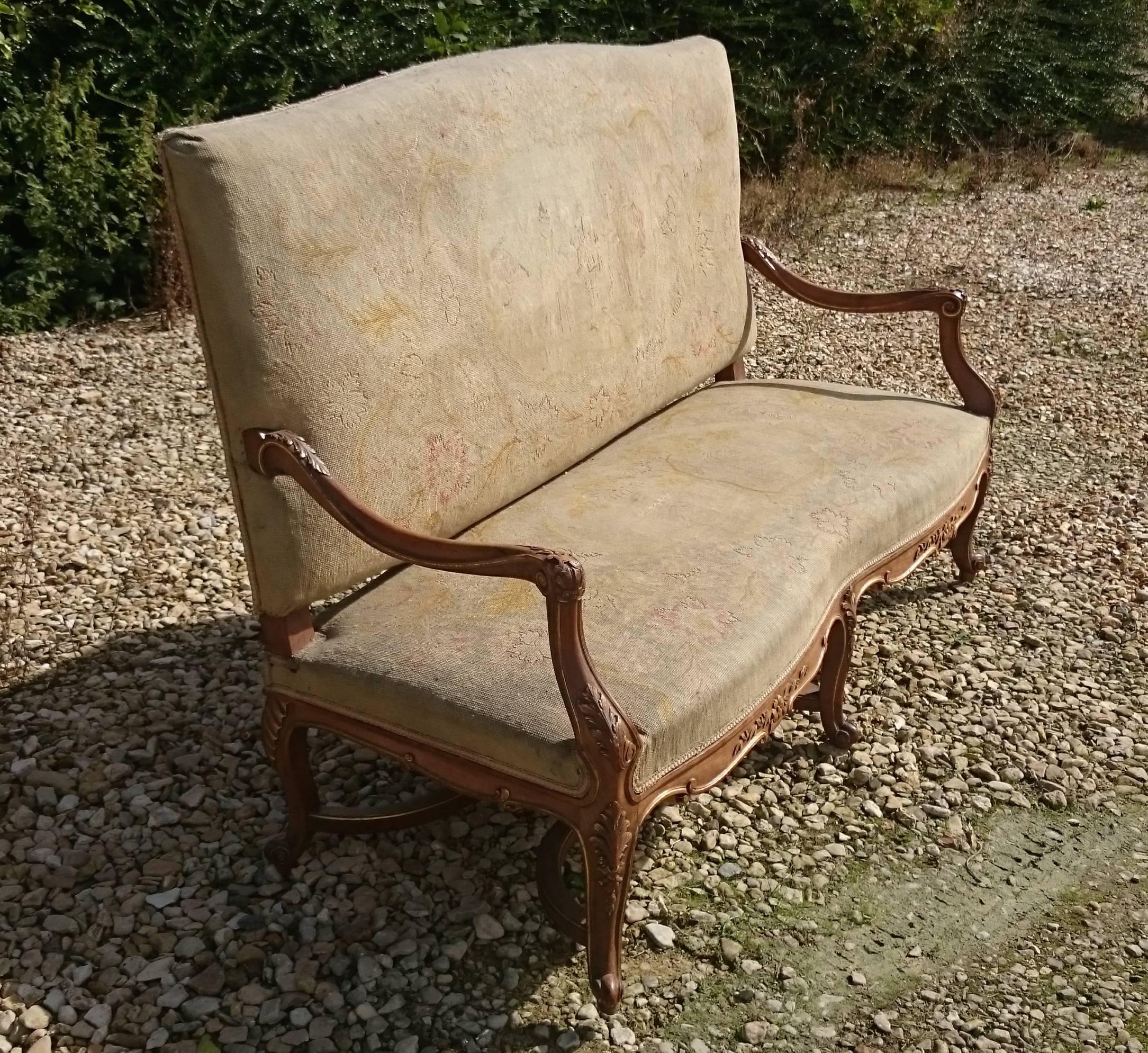 Beautiful Walnut and Gilt French Sofa with Antique Fabric In Good Condition In Gloucestershire, GB
